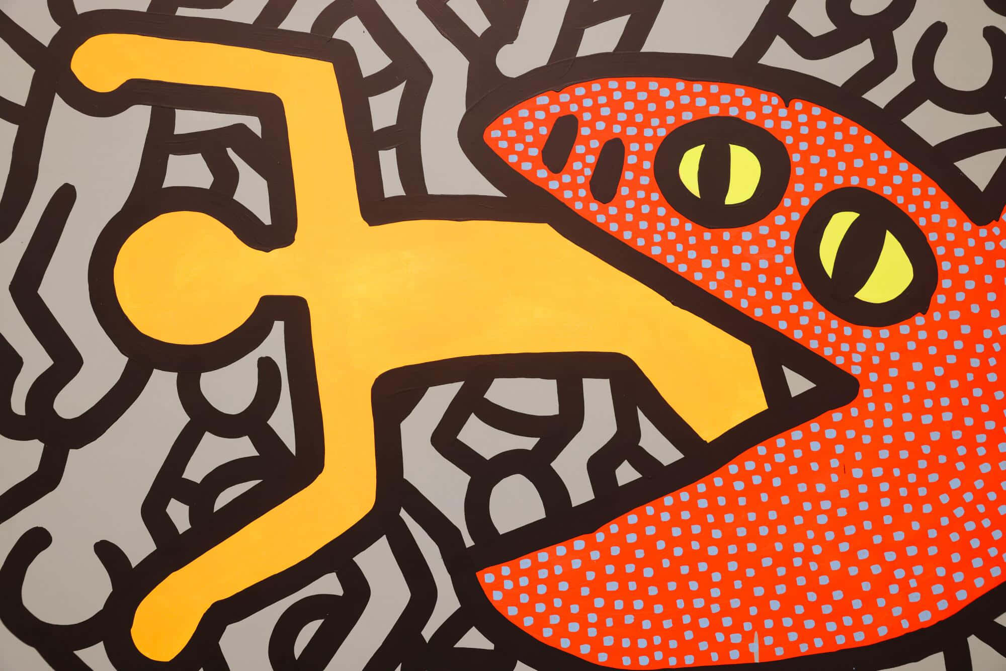 Keith Haring, yellow figure, red monster, Full HD Desktop Wallpaper