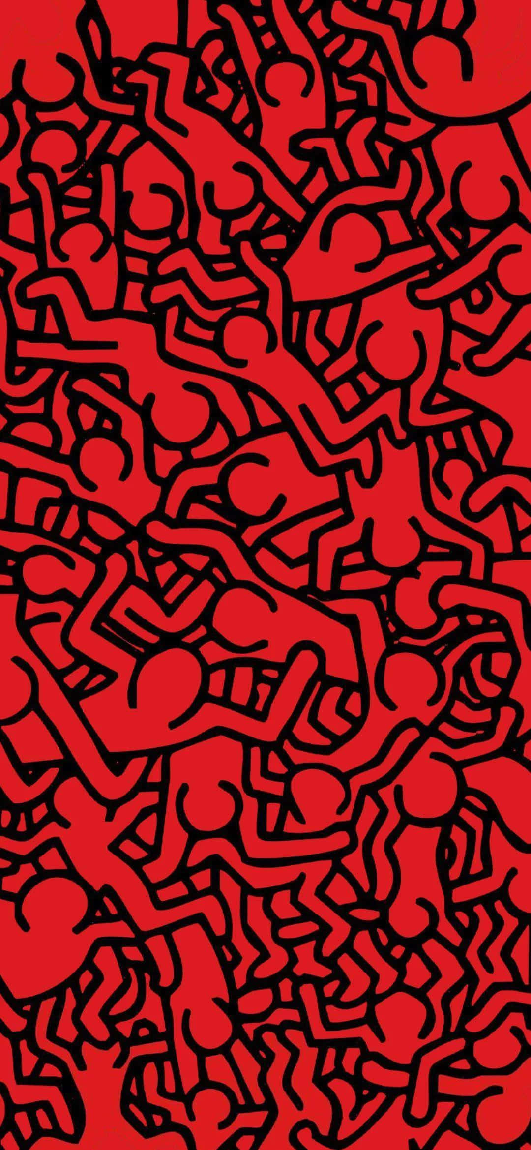 Keith Haring, red, black outlined stick figures, Full HD Phone Wallpaper
