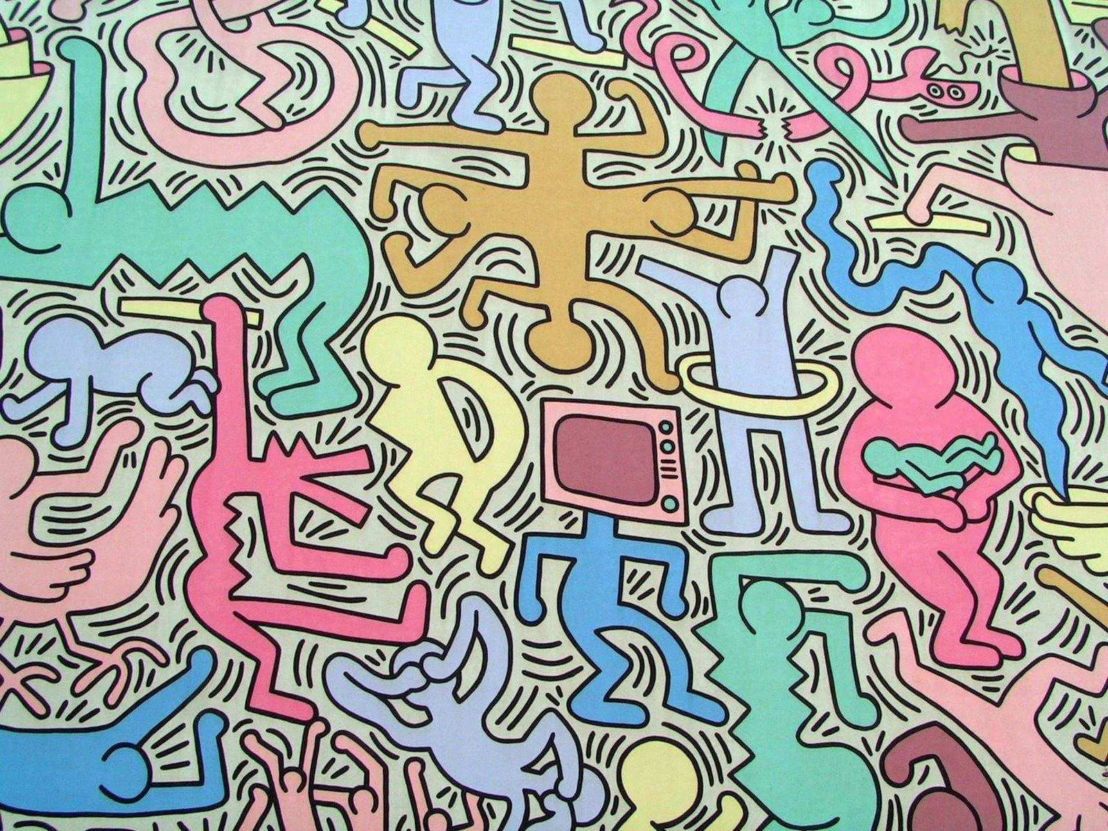 Keith Haring, vibrant cartoonish figures, bold colors, HD Desktop Wallpaper