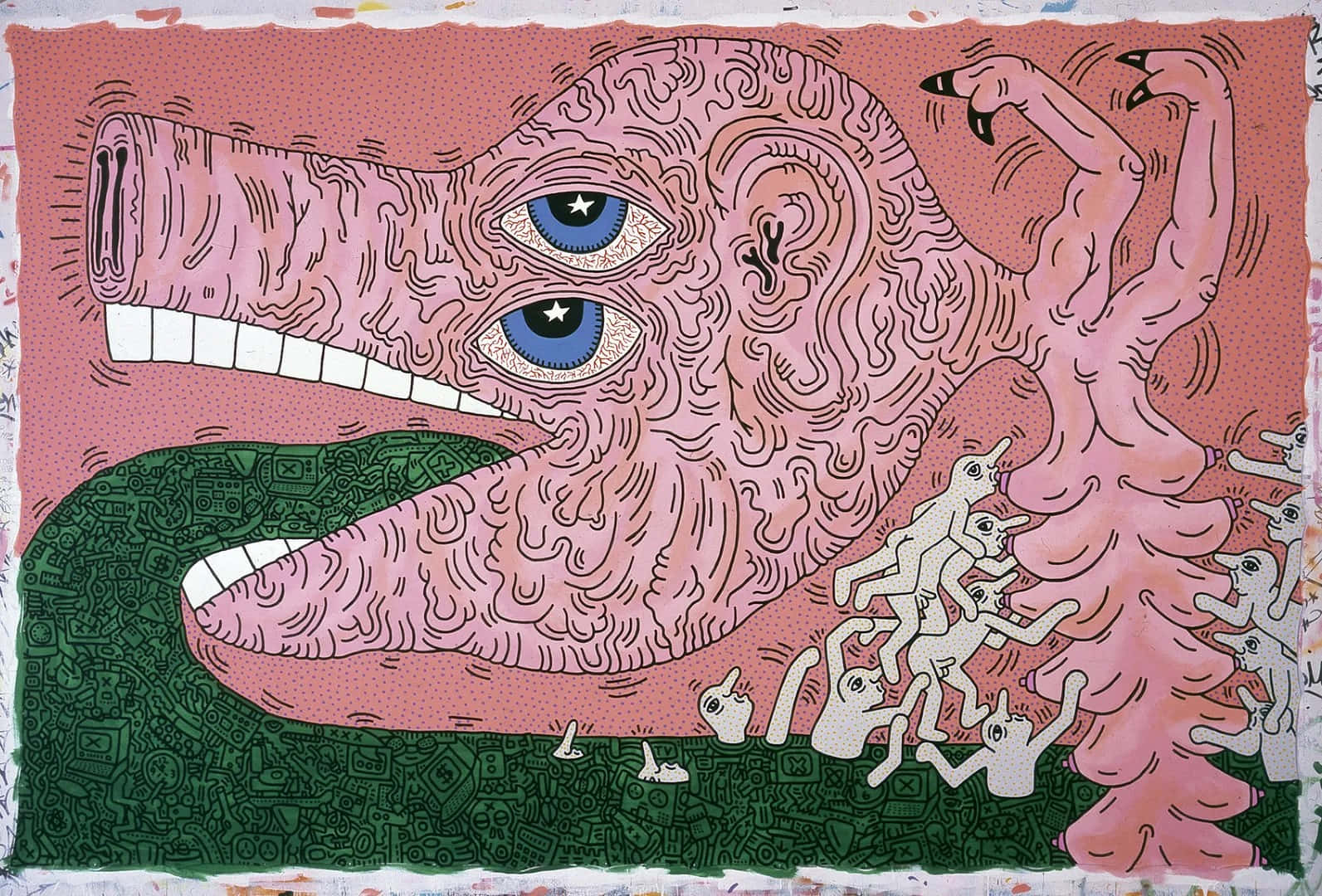 Keith Haring, pink creature, starry blue eye, HD Desktop Wallpaper