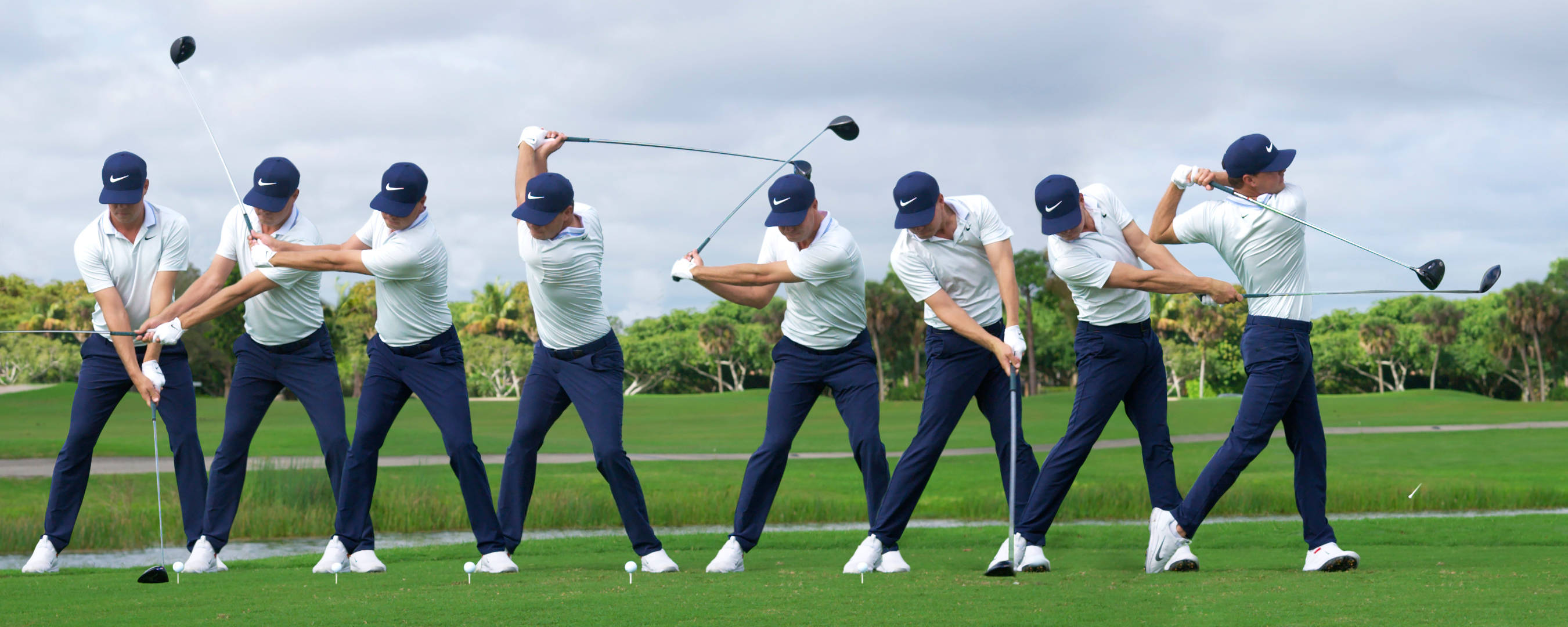 Keith Mitchell, golfer's swing, eight sequential frames, 2K Desktop Wallpaper