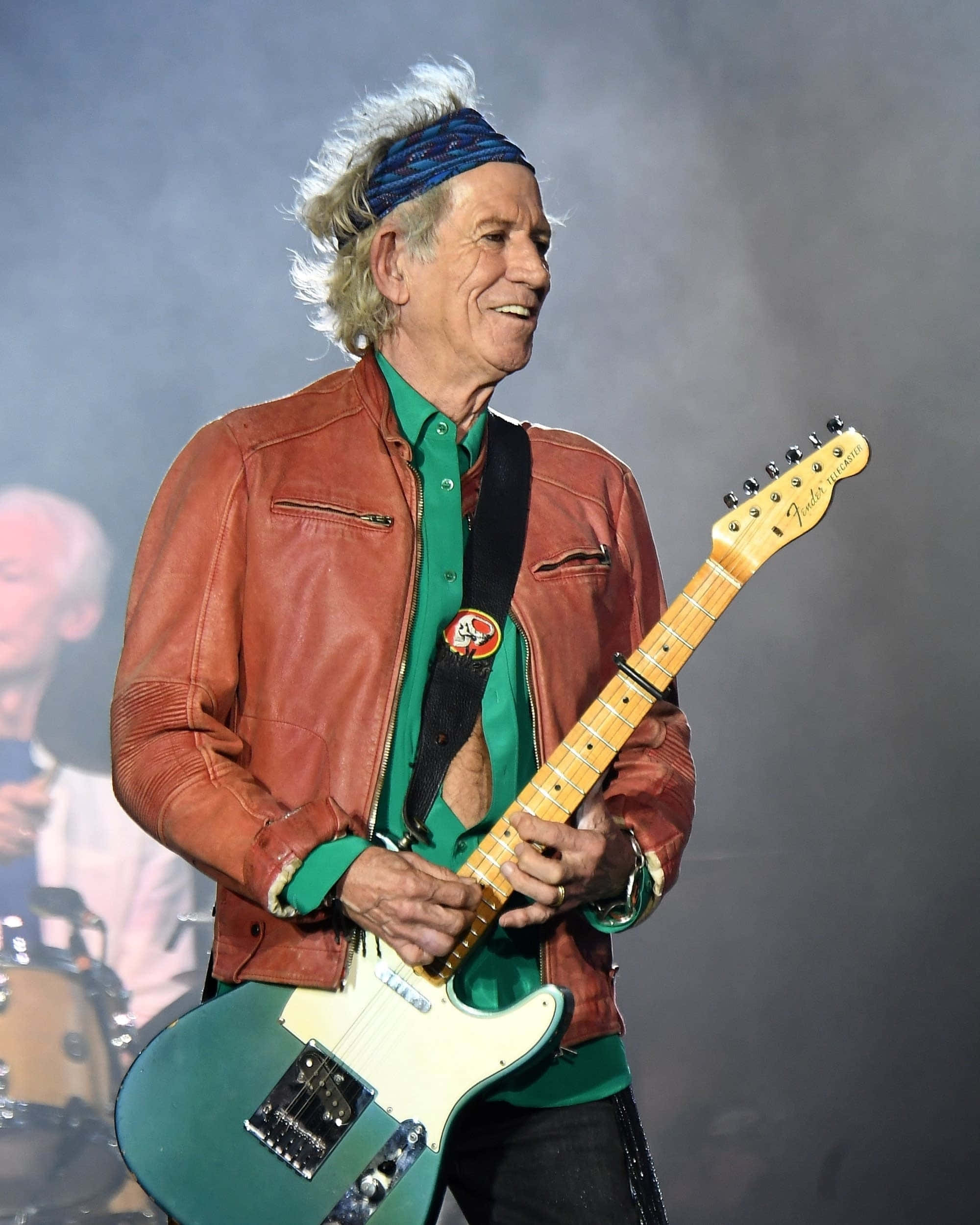 green Fender Telecaster, blue bandana, smoky stage, Full HD Phone Wallpaper
