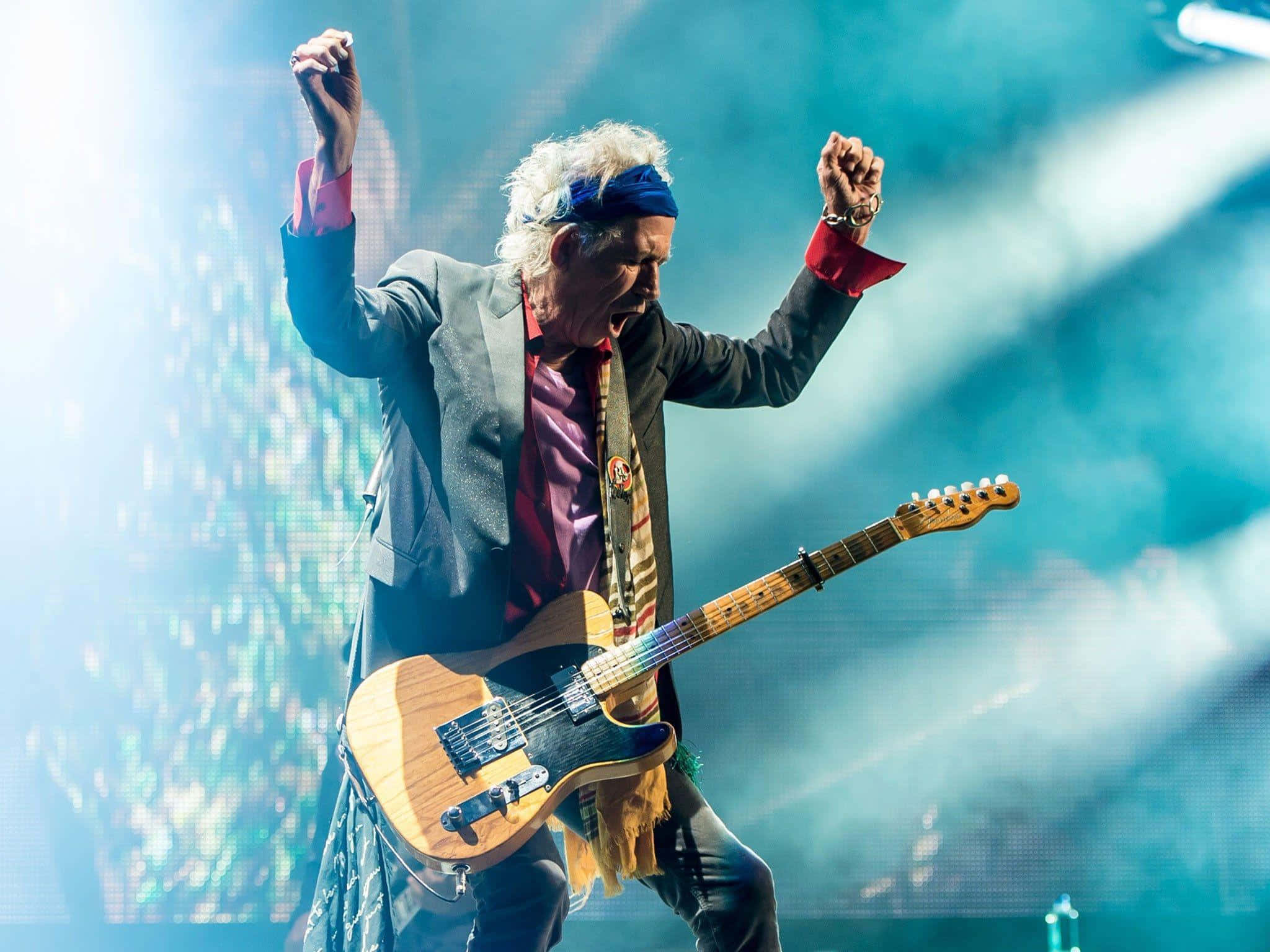 Keith Richards, light wood electric guitar, blue headband, Full HD Desktop Wallpaper