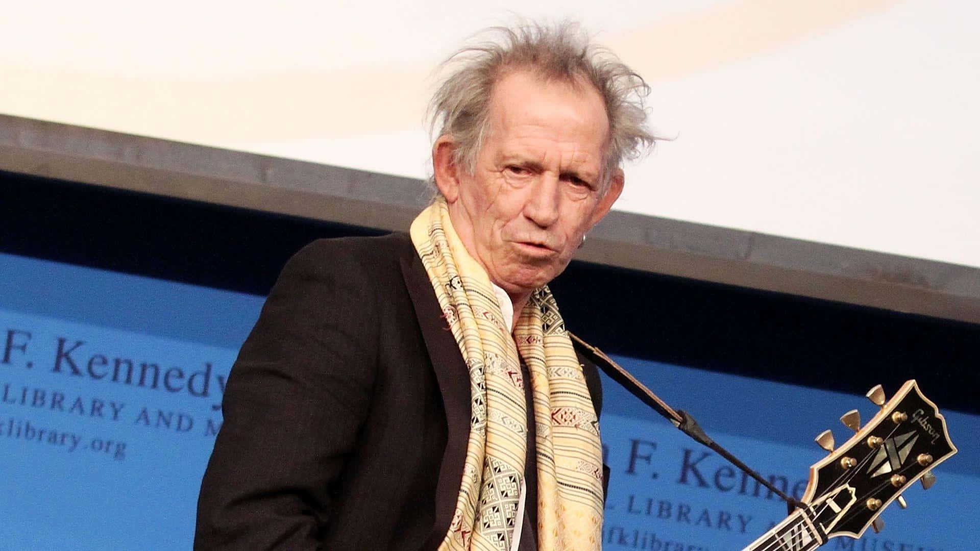 Keith Richards, guitar, blue banner, Full HD Desktop Wallpaper
