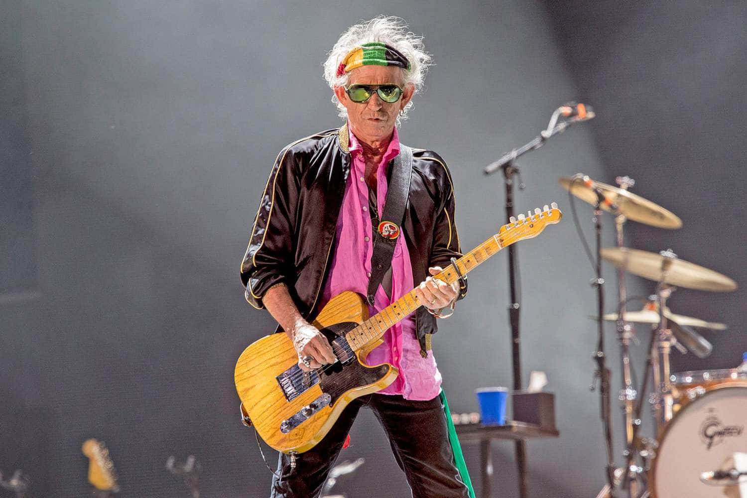 Keith Richards, yellow electric guitar, drum set, HD Desktop Wallpaper
