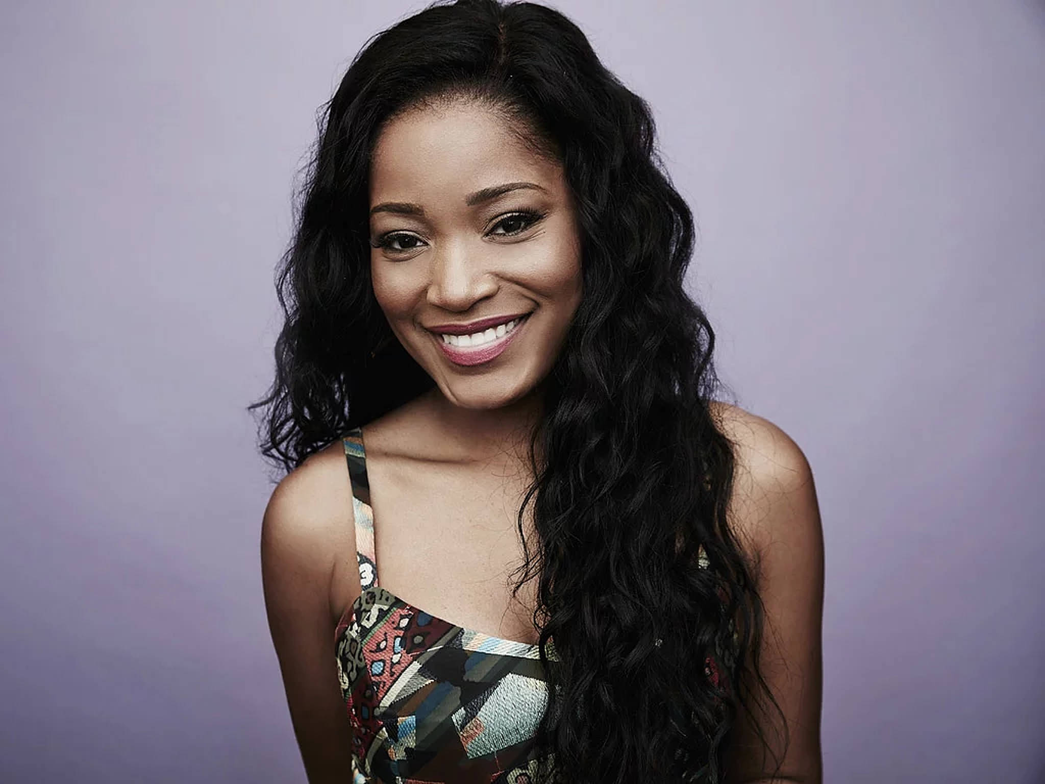 Keke Palmer, long dark curls, soft lavender studio backdrop, Full HD Desktop Wallpaper