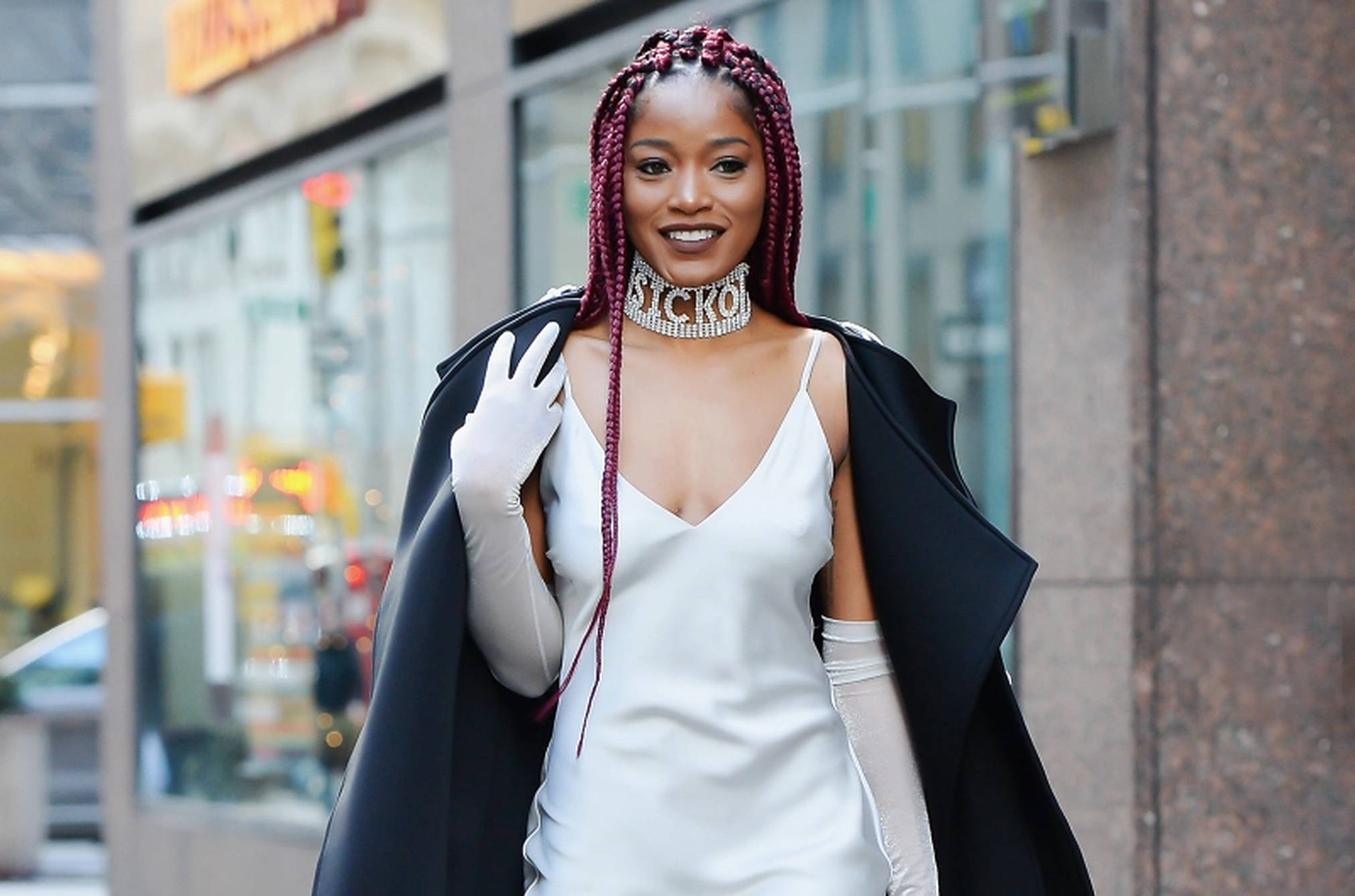 Keke Palmer, white satin dress, purple braids, Full HD Desktop Wallpaper