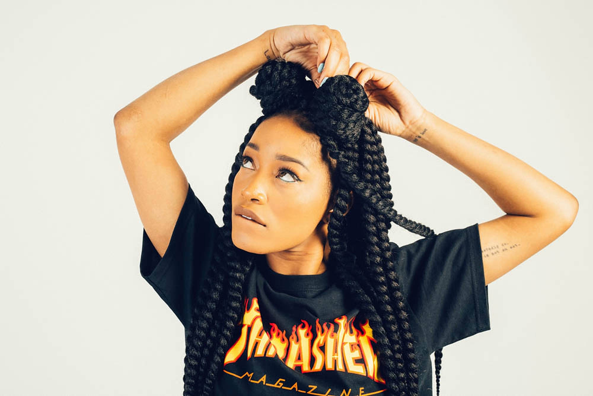 Keke Palmer, long black braids, two buns, Full HD Desktop Wallpaper