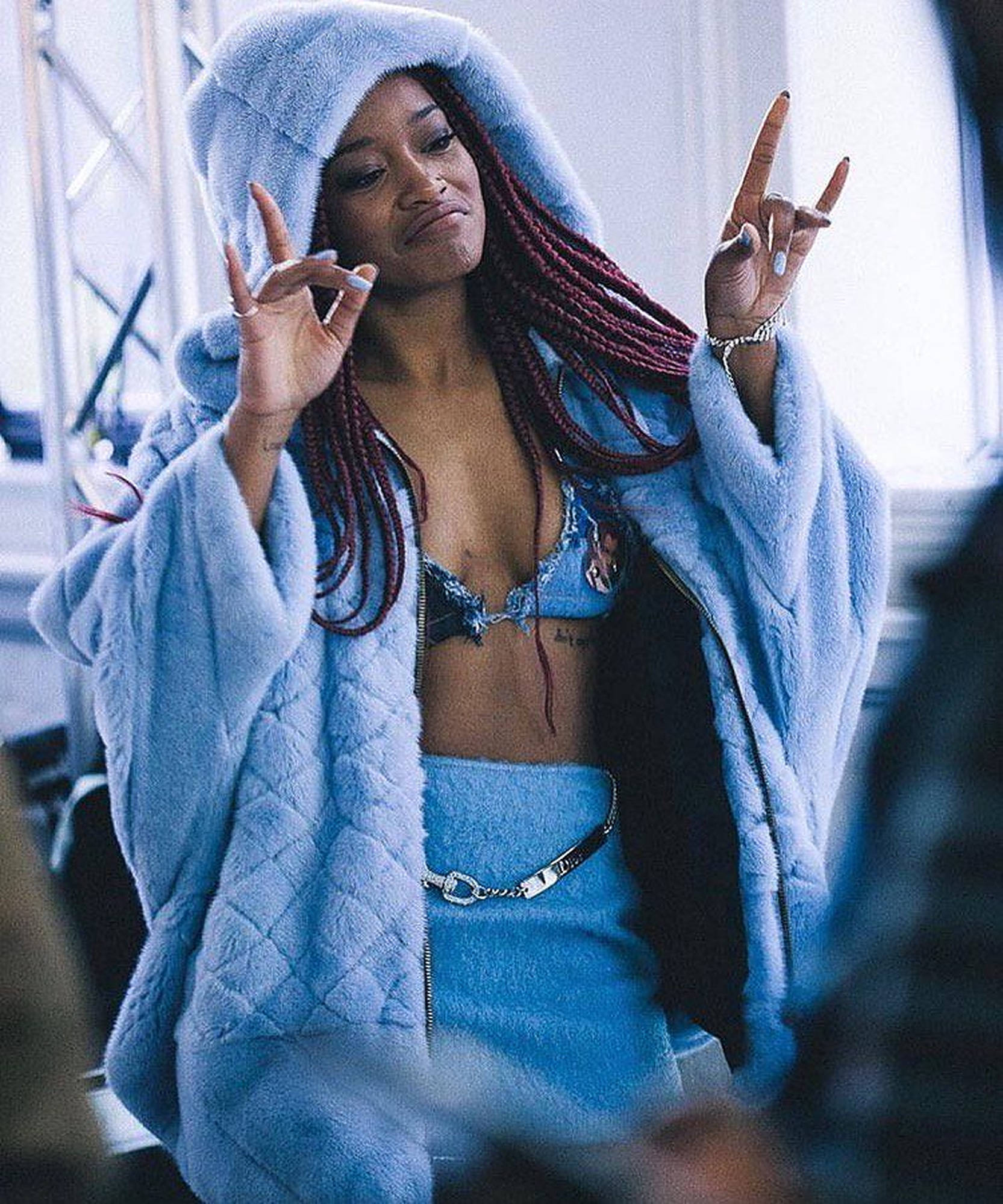 Keke Palmer, fluffy light blue hooded coat, denim lingerie, Full HD Phone Wallpaper