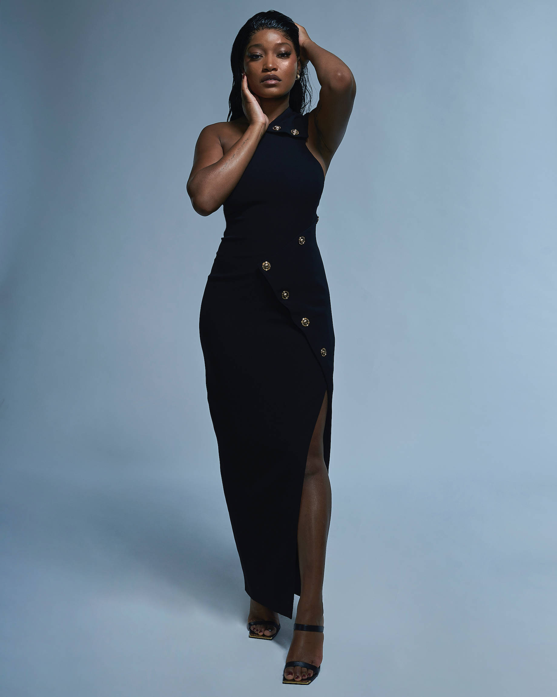 Keke Palmer, sleek black dress, gold buttons, Full HD Phone Wallpaper