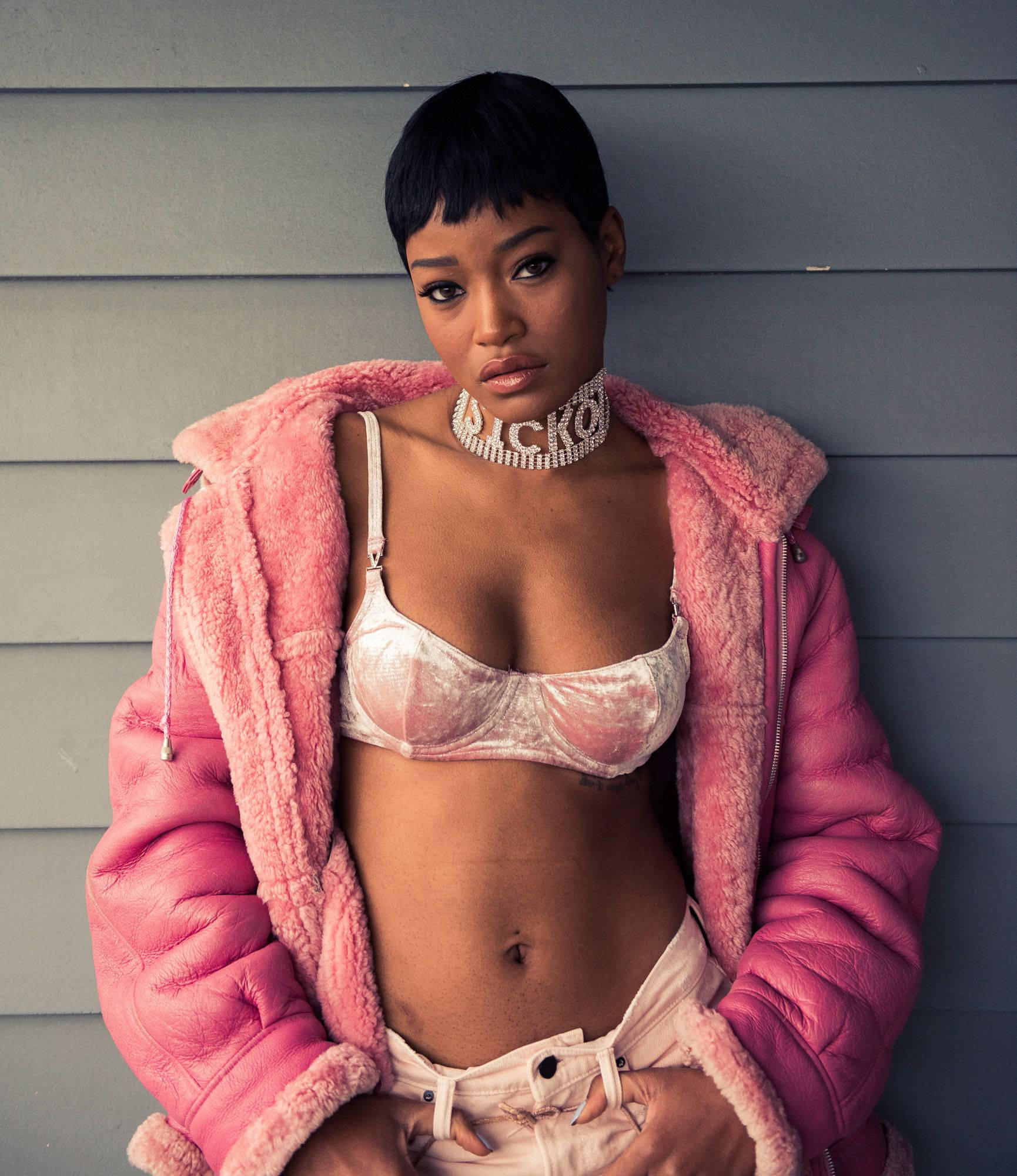 Keke Palmer, pink fluffy jacket, white bra, Full HD Phone Wallpaper