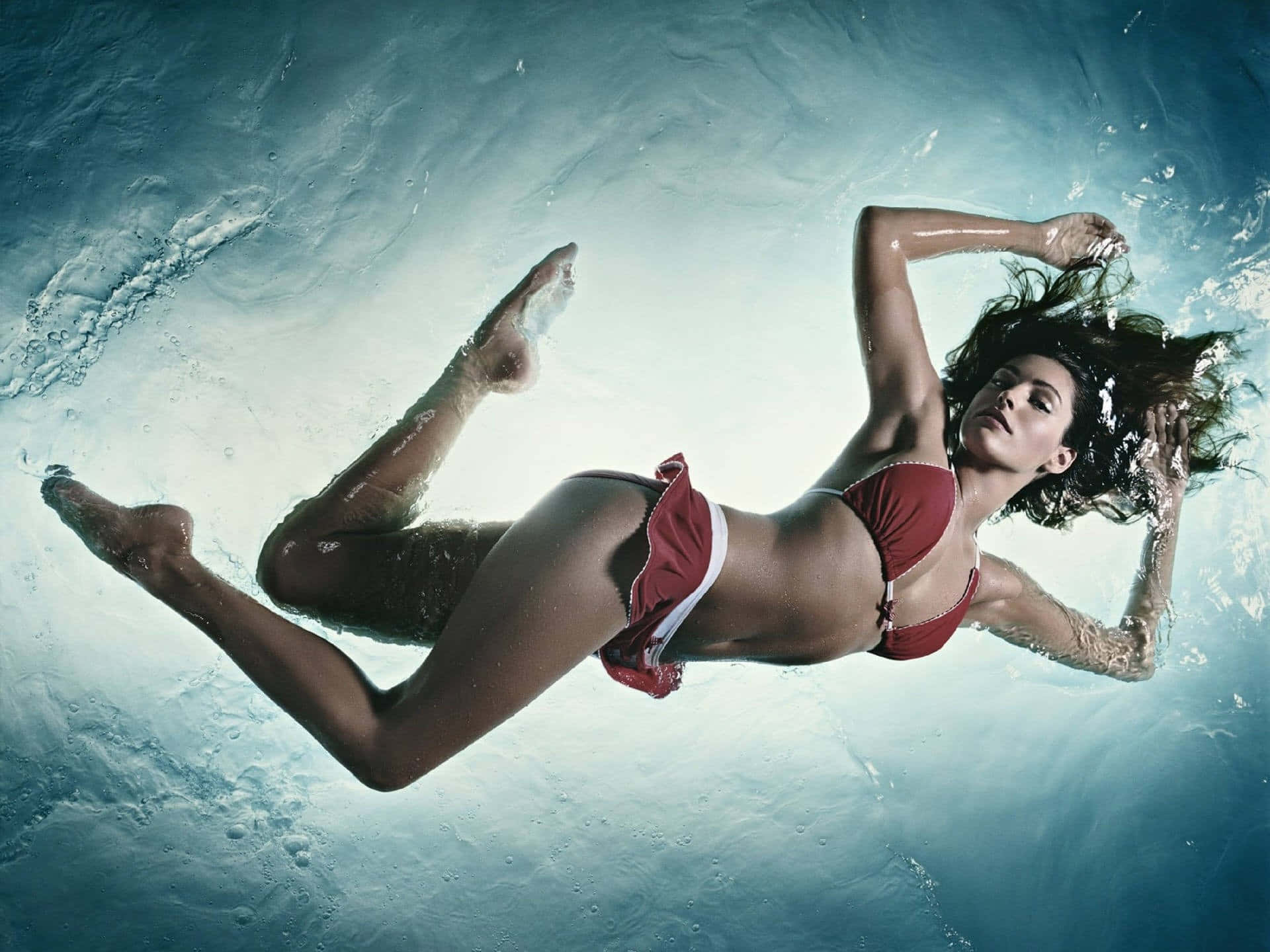 Kelly Brook, red bikini, underwater, Full HD Desktop Wallpaper