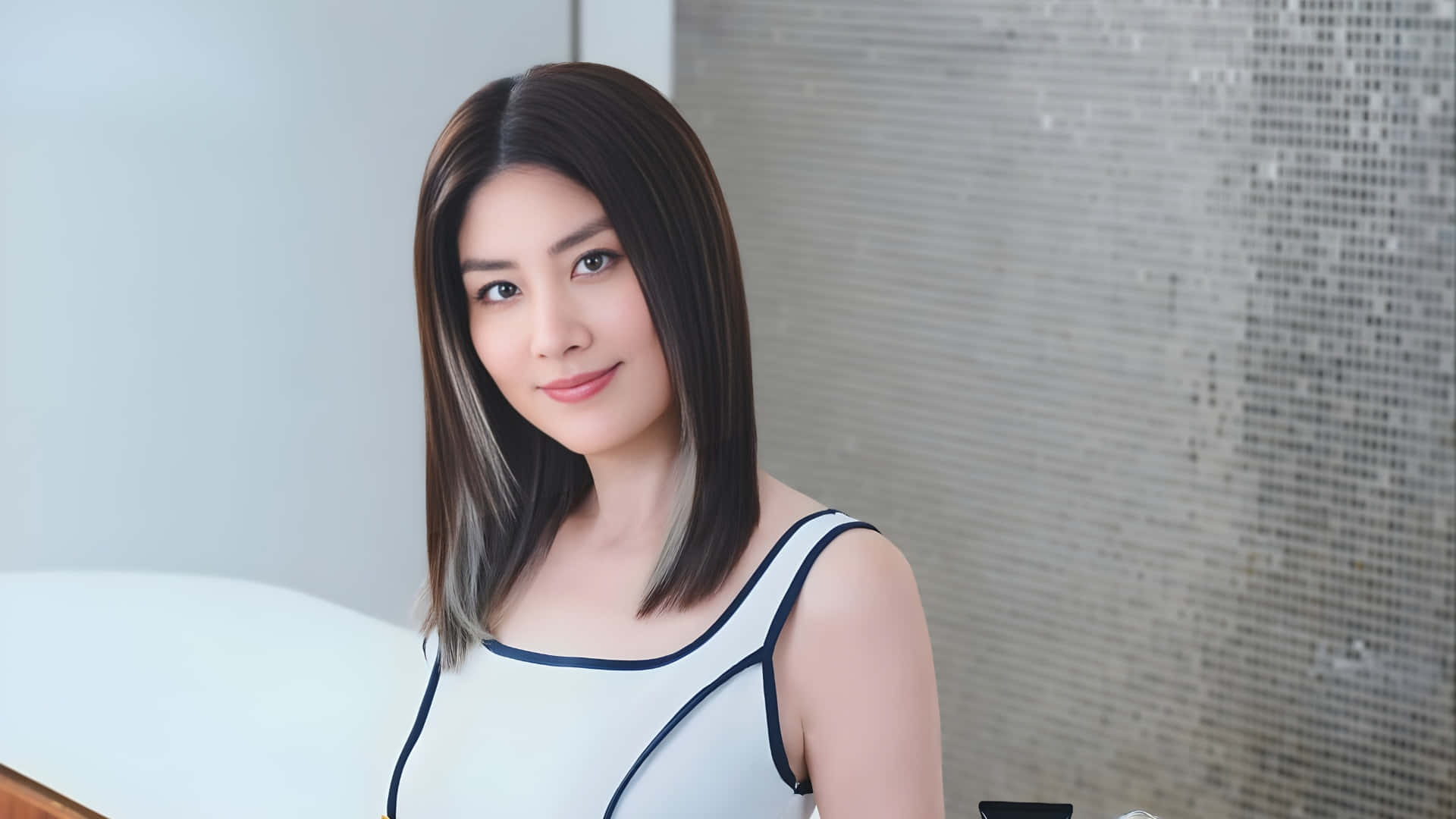 Kelly Chen, white top with black trim, shoulder-length dark hair, Full HD Desktop Wallpaper