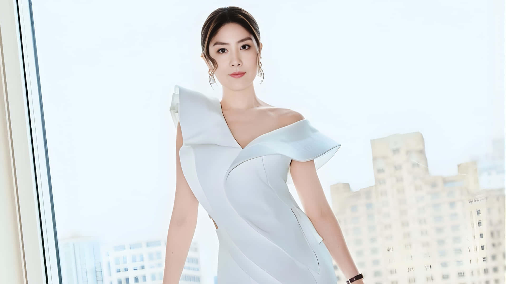 Kelly Chen, white off-shoulder dress, window, Full HD Desktop Wallpaper