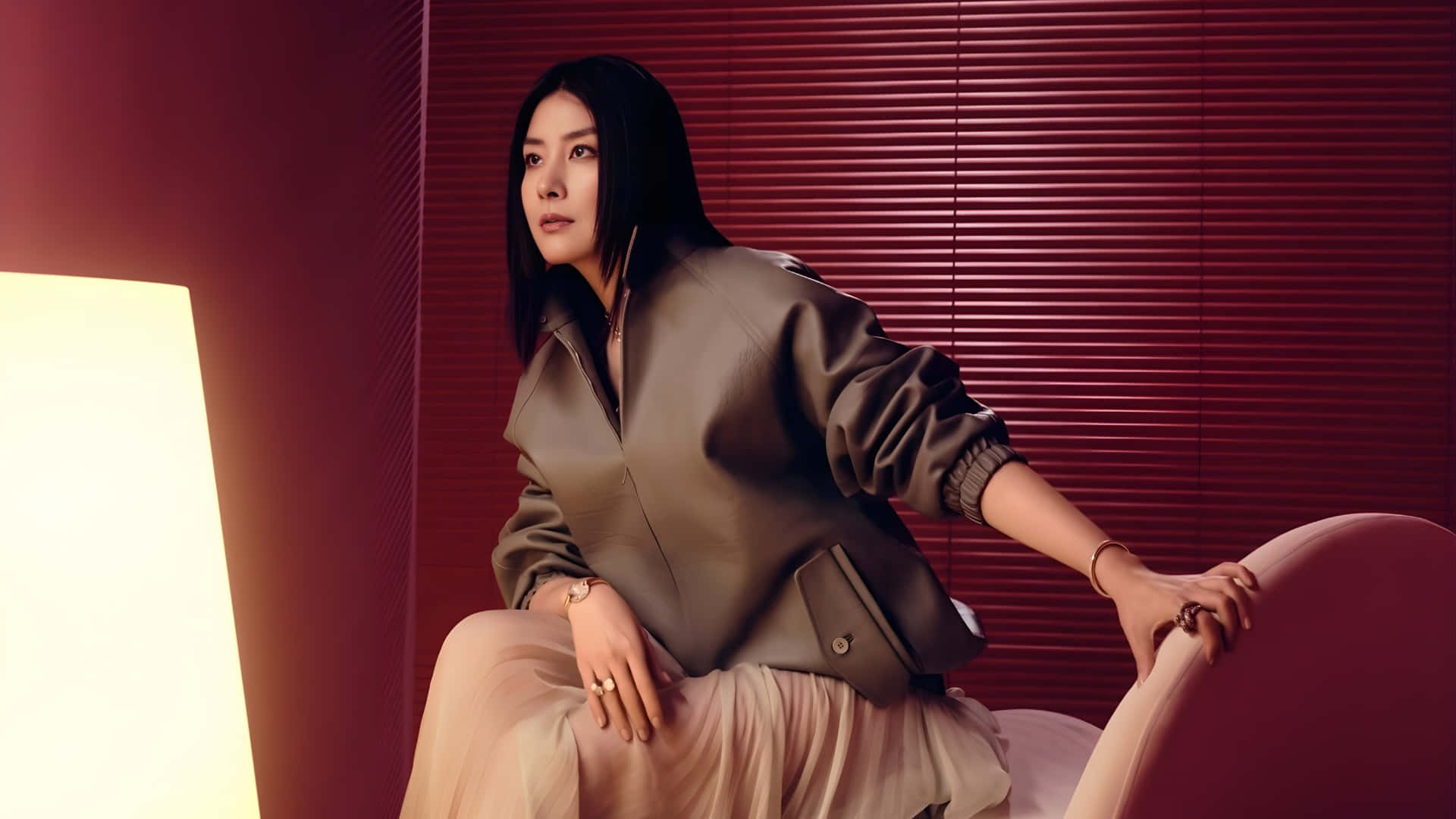 Kelly Chen, dark hair, curved chair, Full HD Desktop Wallpaper