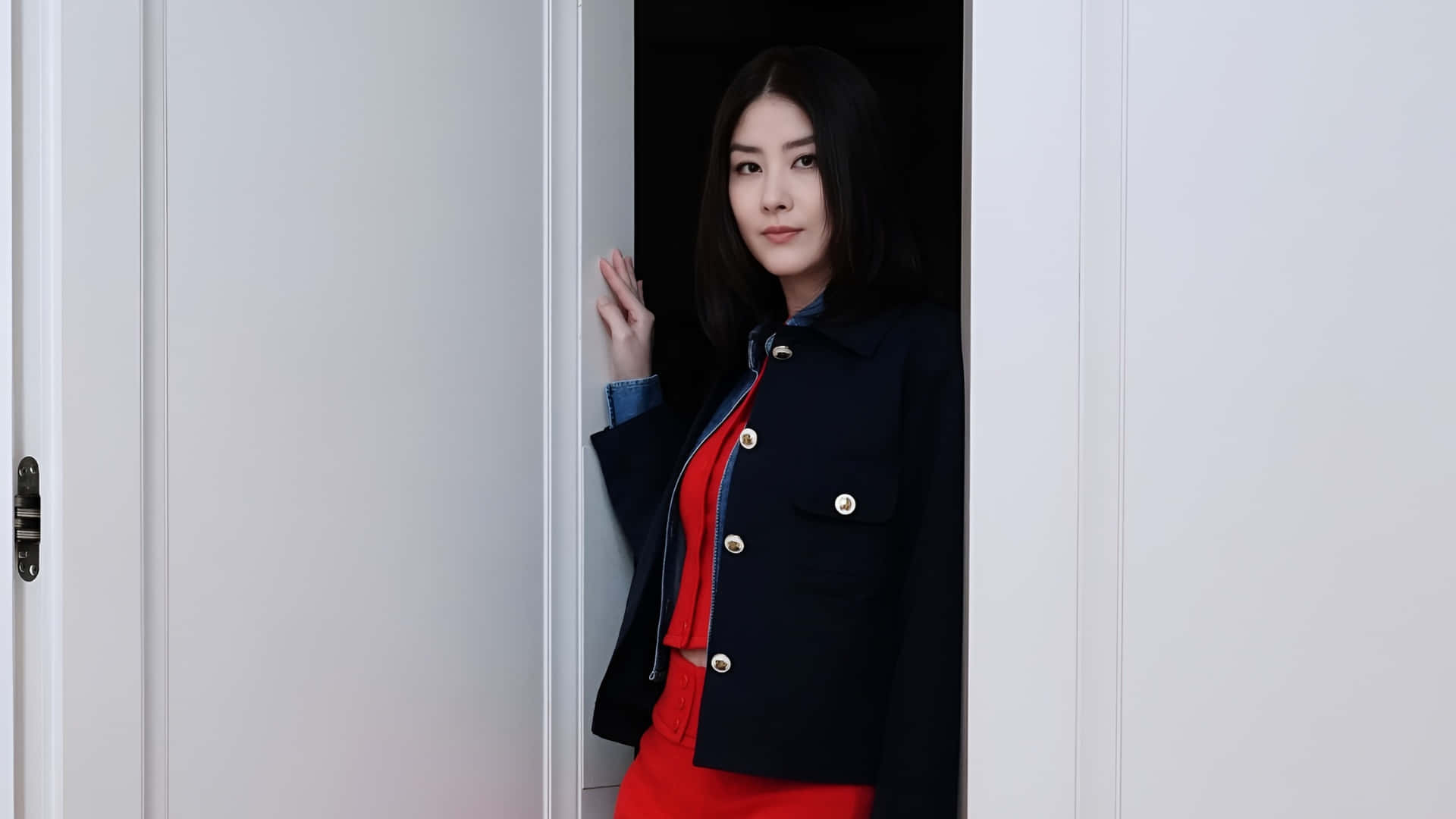 Kelly Chen, red dress, navy jacket, Full HD Desktop Wallpaper