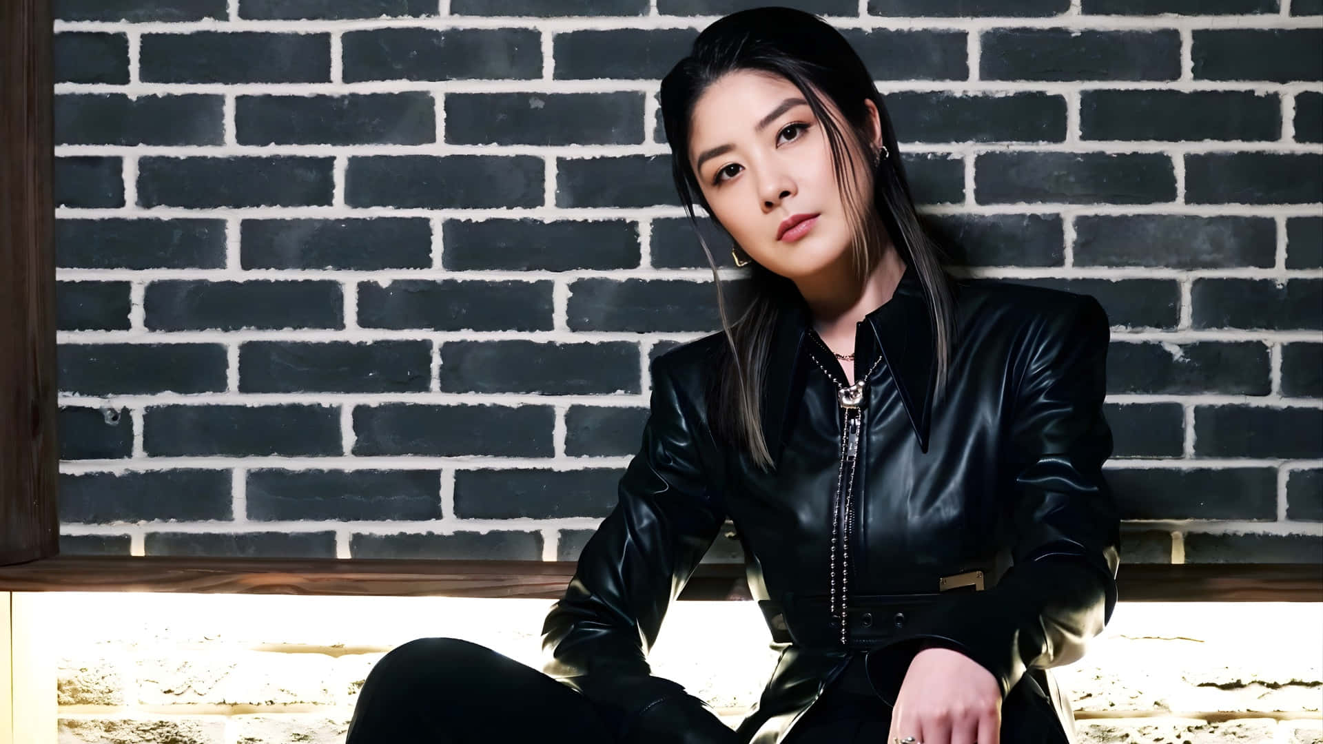 Kelly Chen, black leather jacket, dark brick wall, Full HD Desktop Wallpaper