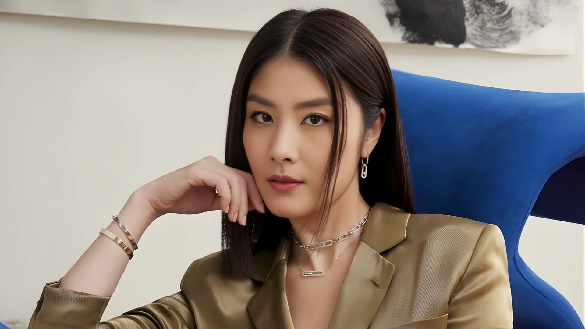 Kelly Chen, gold blazer, bold blue chair, Full HD Desktop Wallpaper