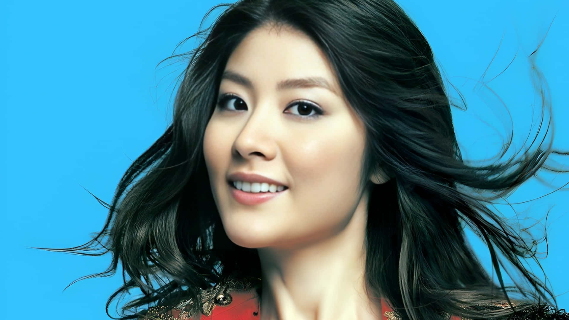 Kelly Chen, blue background, dark flowing hair, Full HD Desktop Wallpaper