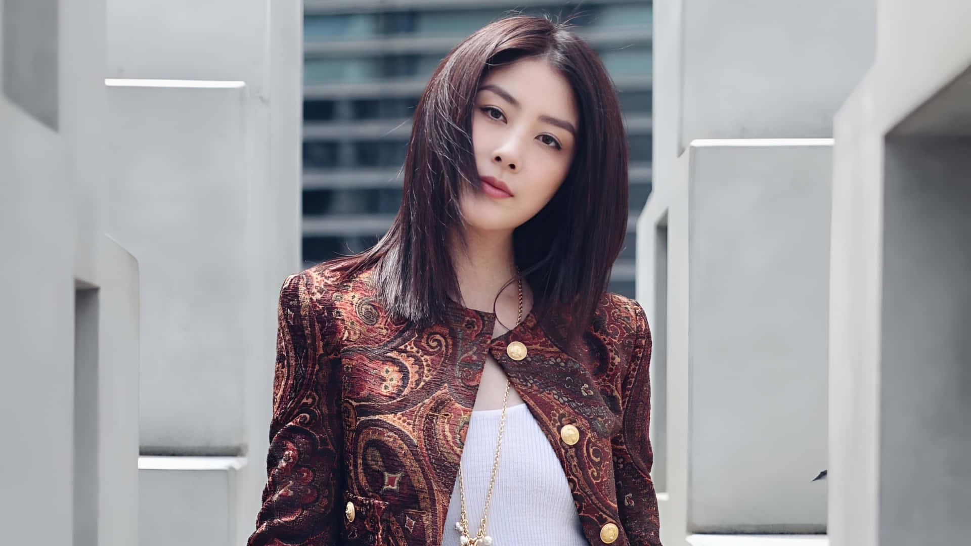 Kelly Chen, red paisley jacket, white top, Full HD Desktop Wallpaper