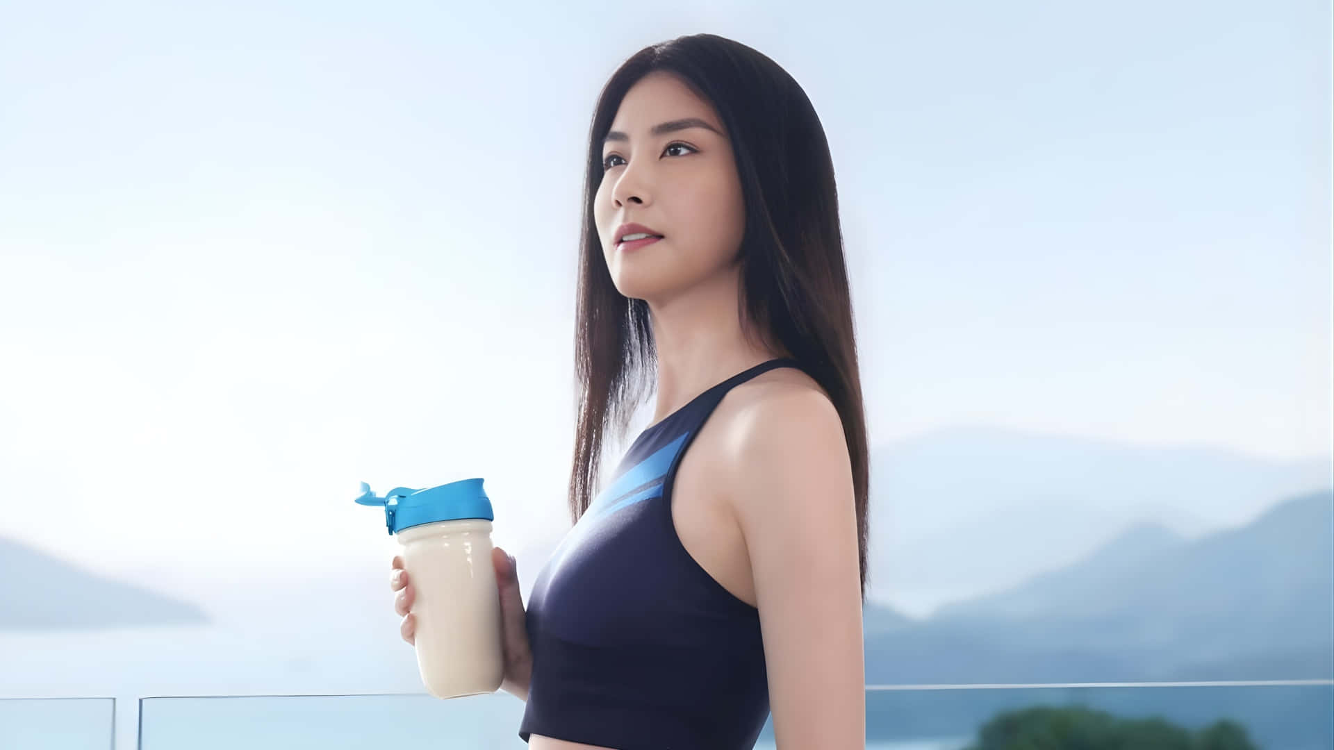 Kelly Chen, black athletic top, beige shaker bottle, Full HD Desktop Wallpaper