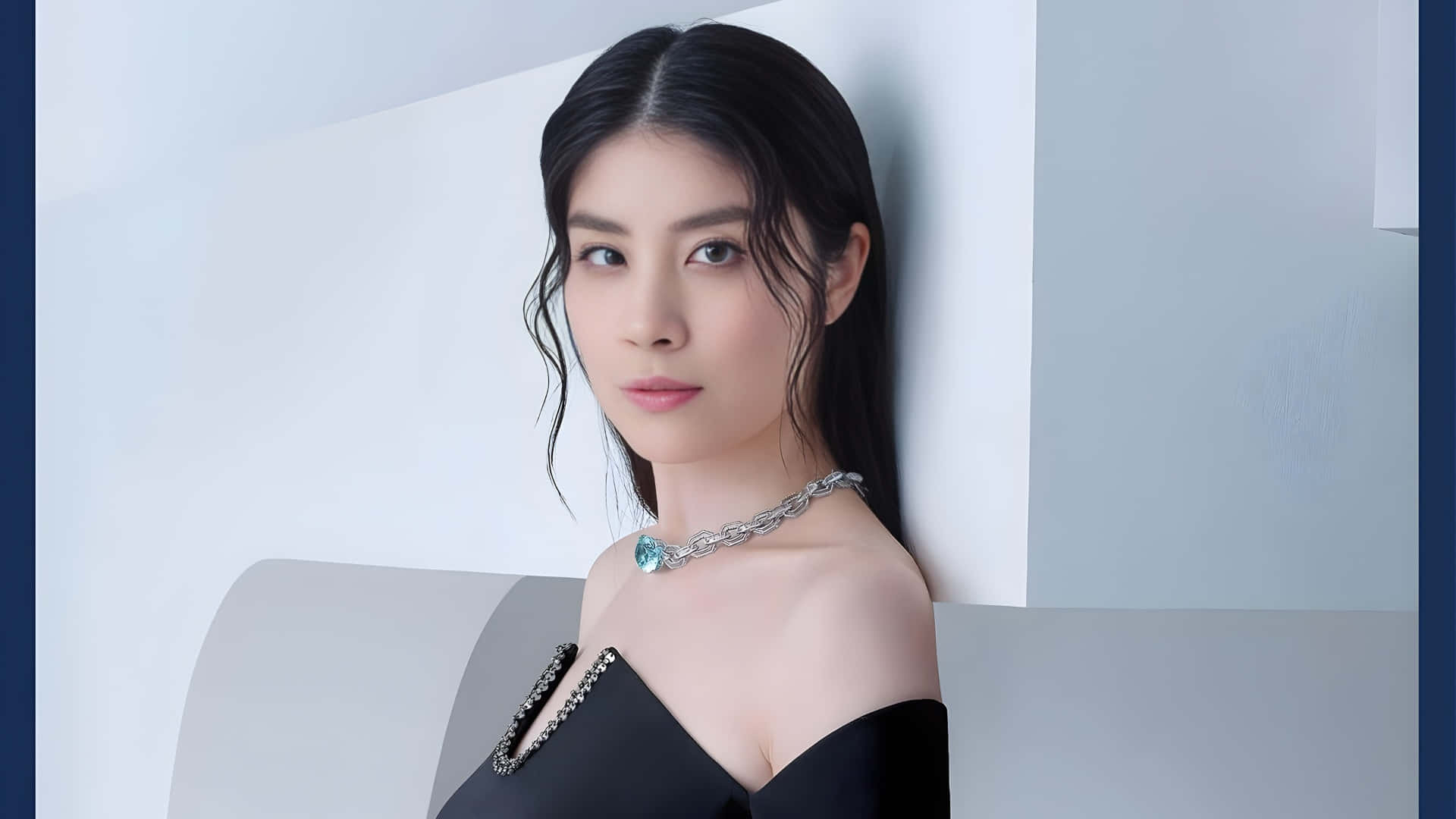 Kelly Chen, black off-shoulder dress, silver chain necklace, Full HD Desktop Wallpaper