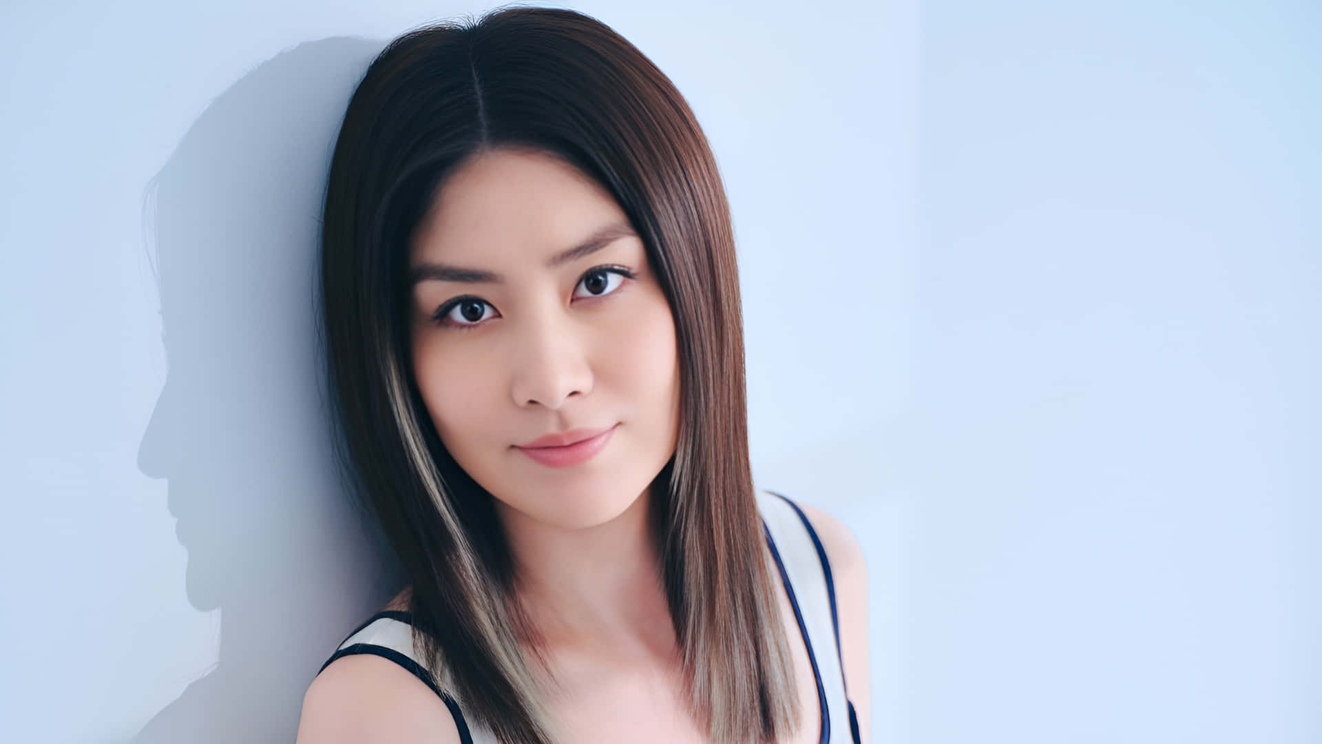 Kelly Chen, straight brown hair, light blue wall, Full HD Desktop Wallpaper