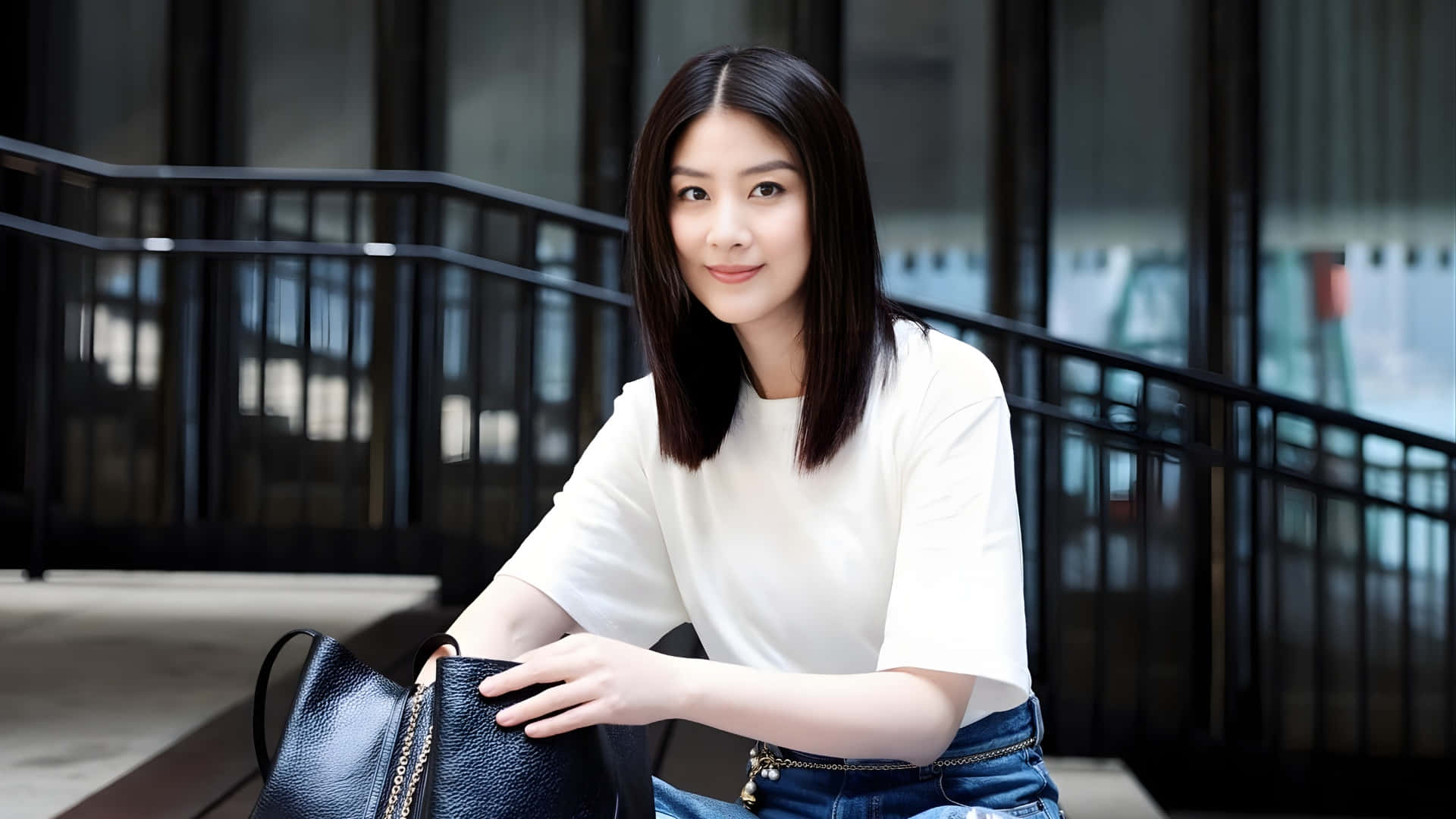 Kelly Chen, dark hair, modern staircase, Full HD Desktop Wallpaper