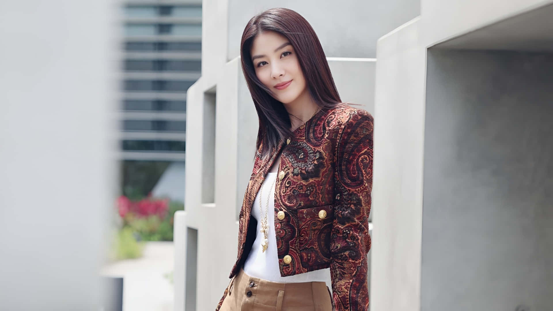 Kelly Chen, red paisley jacket, gold buttons, Full HD Desktop Wallpaper