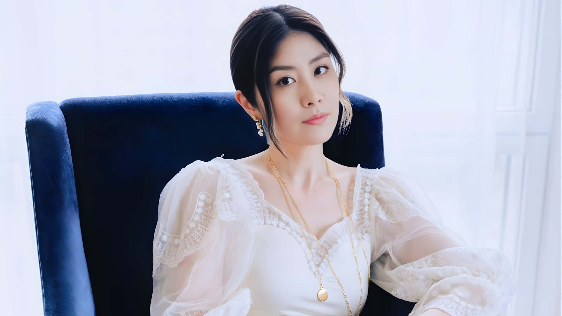Kelly Chen, white lace dress, navy blue armchair, Full HD Desktop Wallpaper
