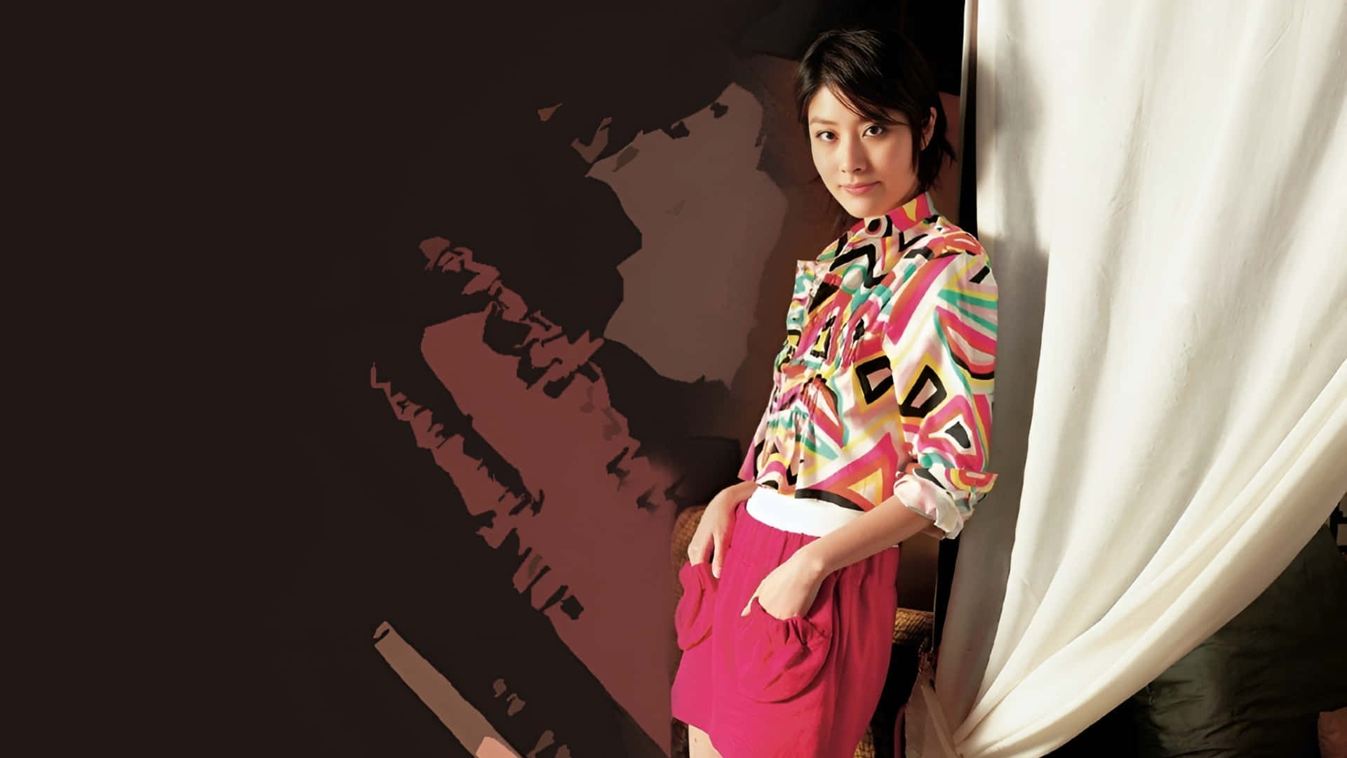 Kelly Chen, vibrant geometric blouse, pink skirt, Full HD Desktop Wallpaper