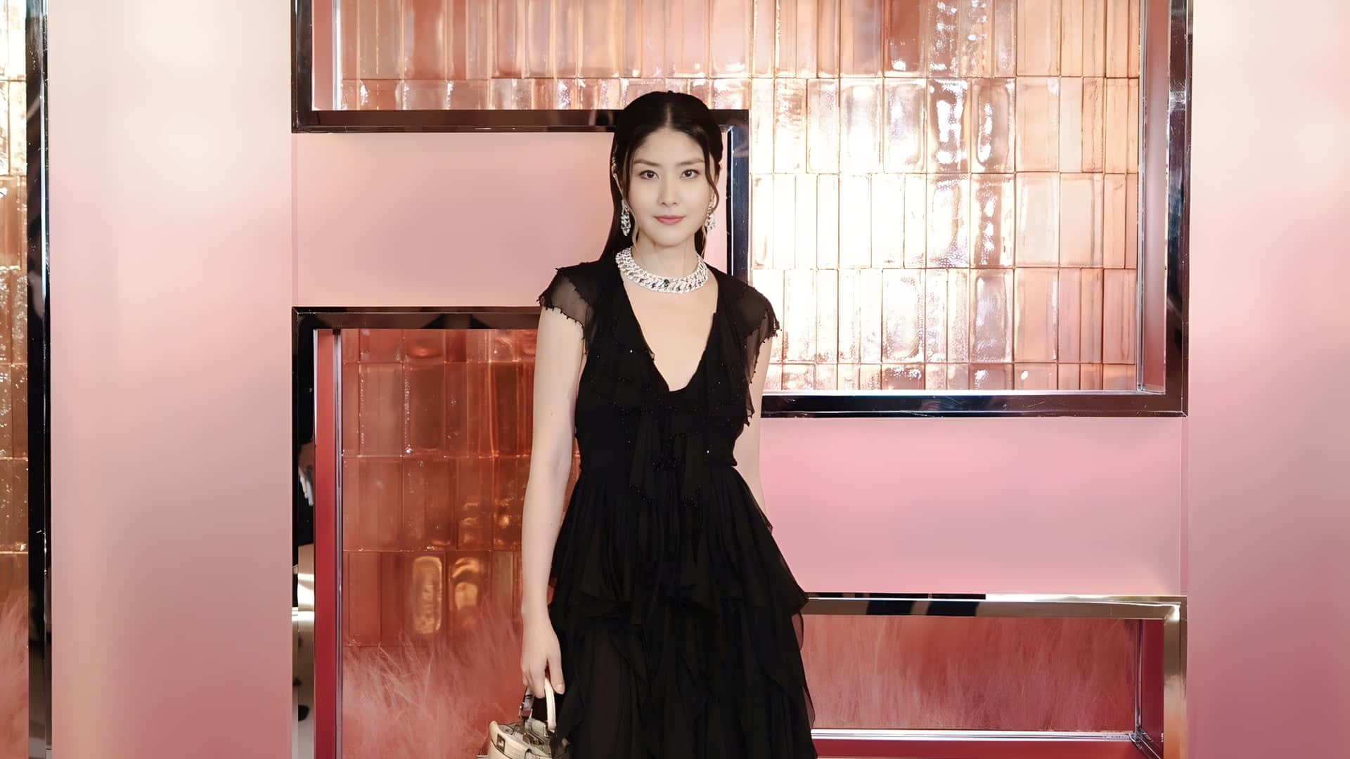 Kelly Chen, black tiered dress, sheer sleeves, Full HD Desktop Wallpaper