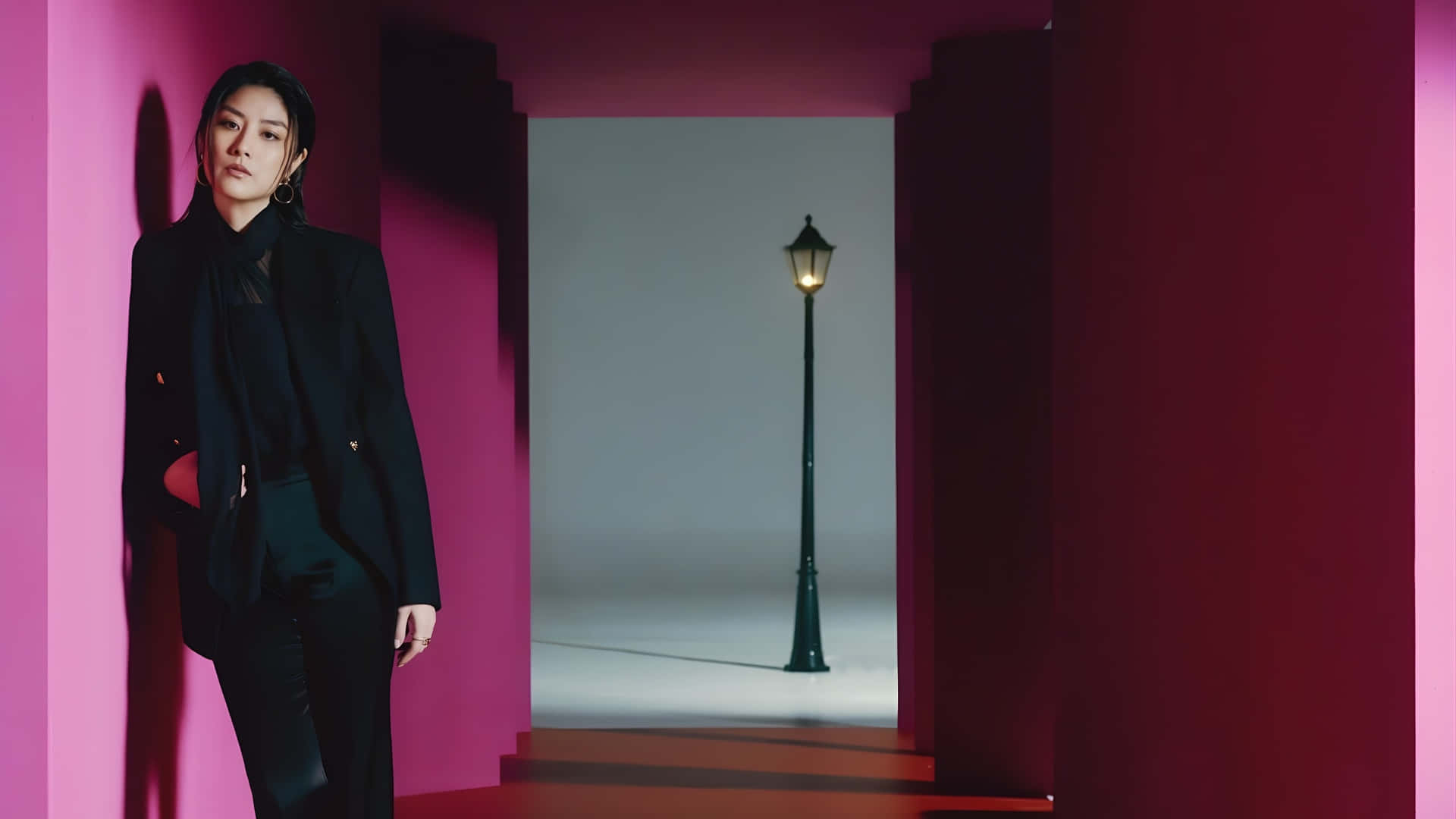 Kelly Chen, black suit, vibrant pink wall, Full HD Desktop Wallpaper