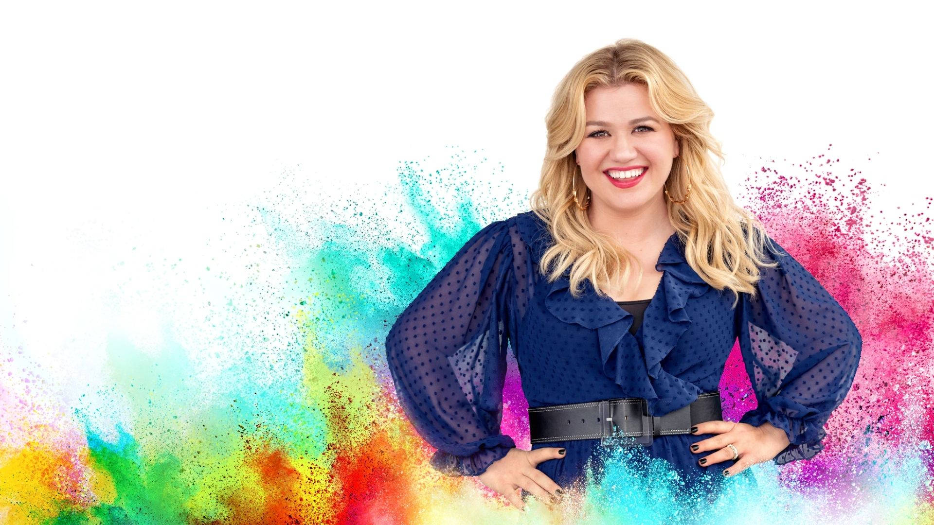 Kelly Clarkson, blue polka-dot blouse, vibrant rainbow powder, Full HD Desktop Wallpaper