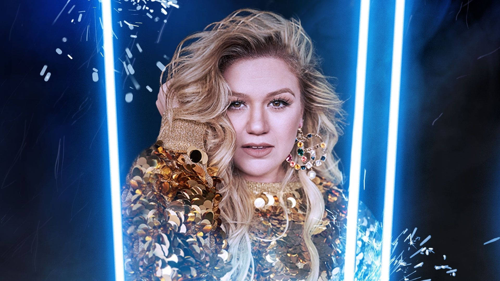 Kelly Clarkson, blue laser, gold sequined outfit, Full HD Desktop Wallpaper