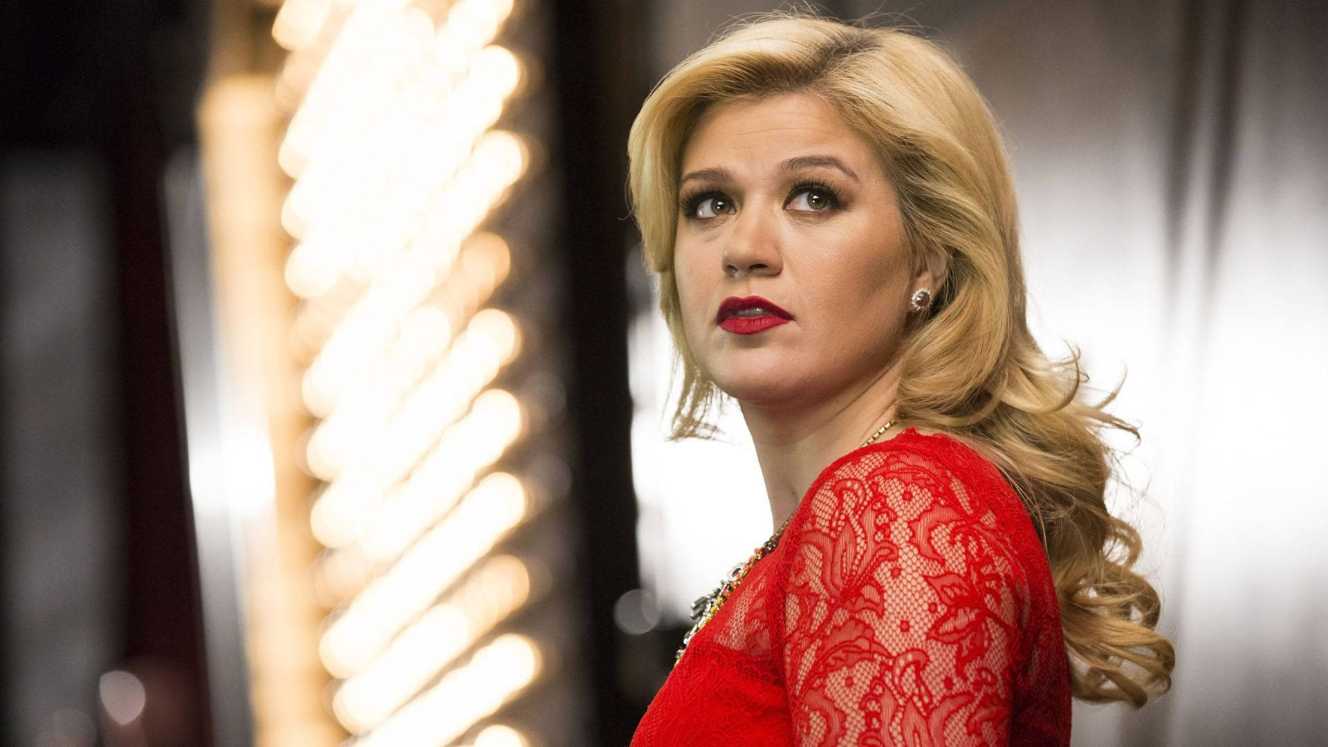 Kelly Clarkson, red lace dress, glowing spiral light fixture, Full HD Desktop Wallpaper