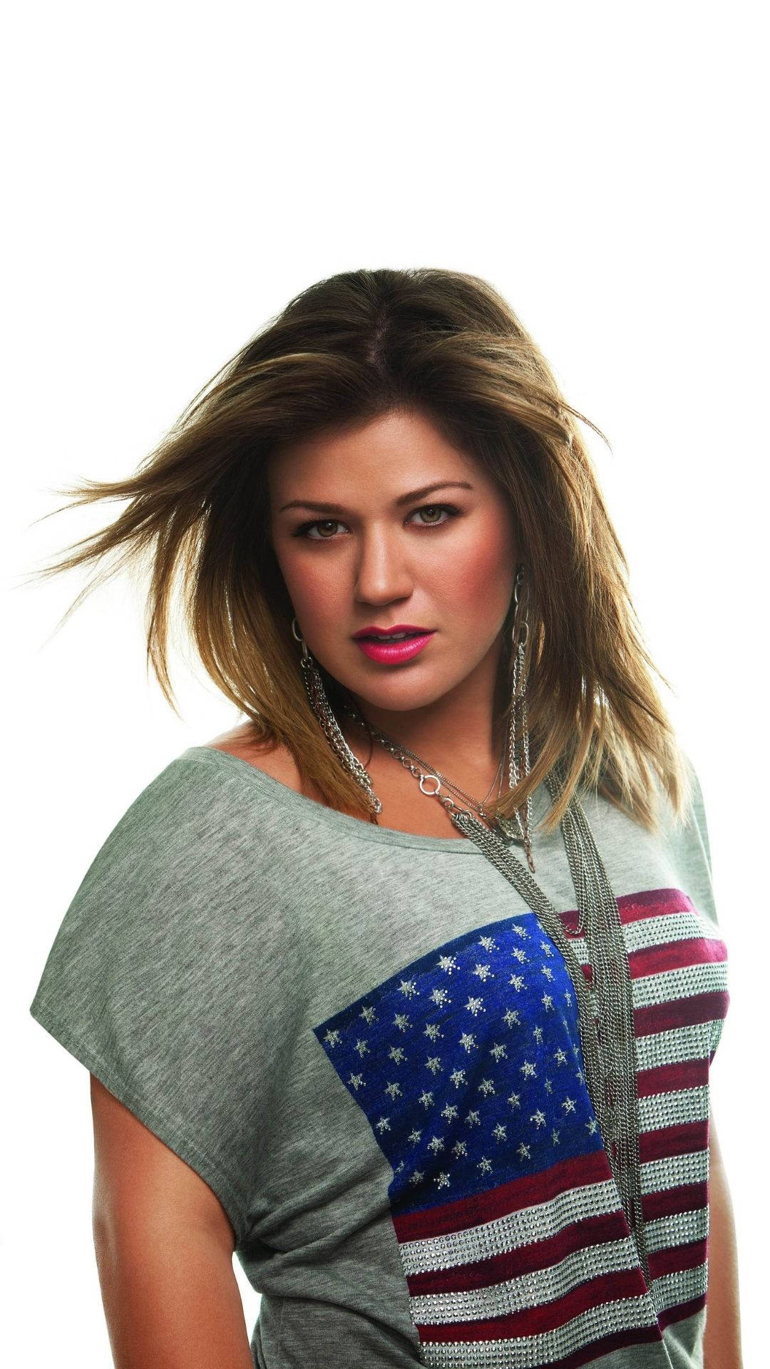 Kelly Clarkson, gray t-shirt, sparkling American flag, Full HD Phone Wallpaper