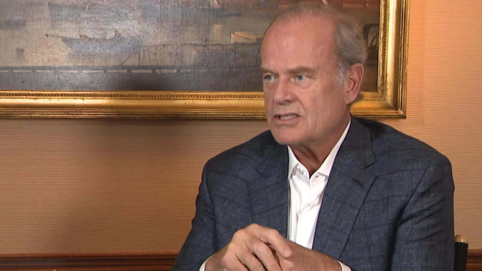 Kelsey Grammer, blue checkered suit, textured wall, Full HD Desktop Wallpaper