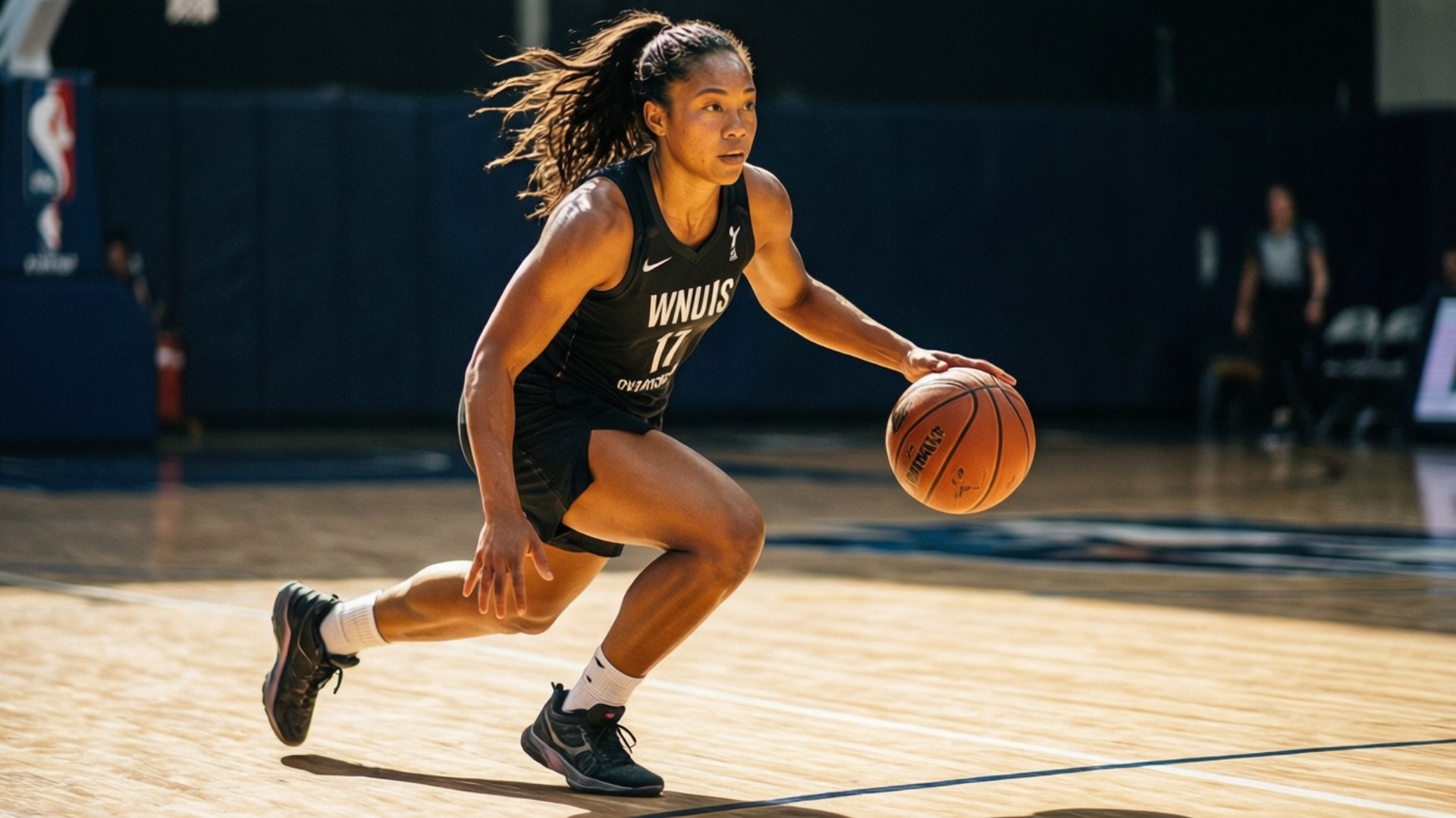 Kelsey Plum, sunlit basketball court, dribbling, Full HD Desktop Wallpaper