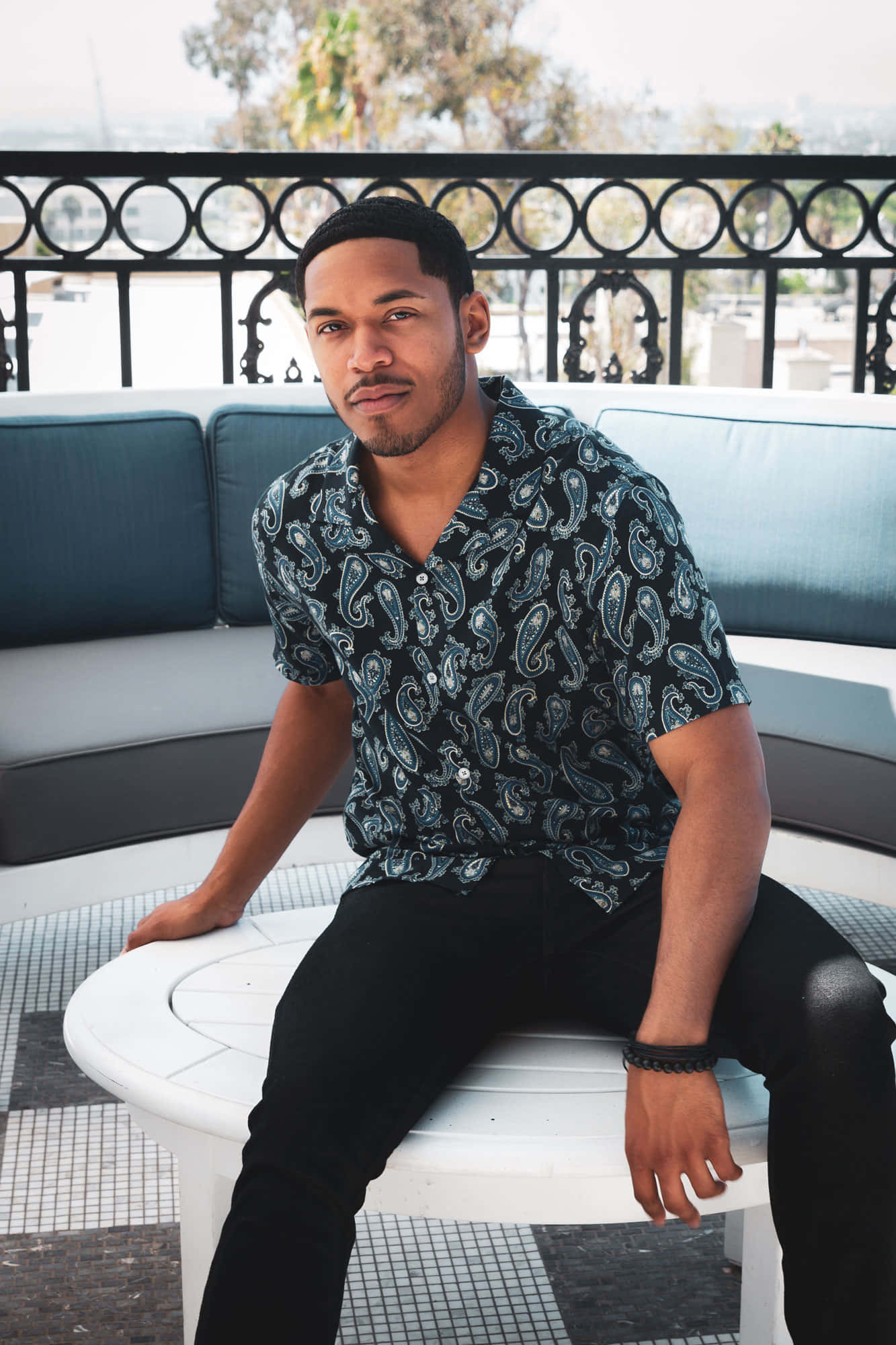 Kelvin Harrison Jr, paisley shirt, white table, Full HD Phone Wallpaper