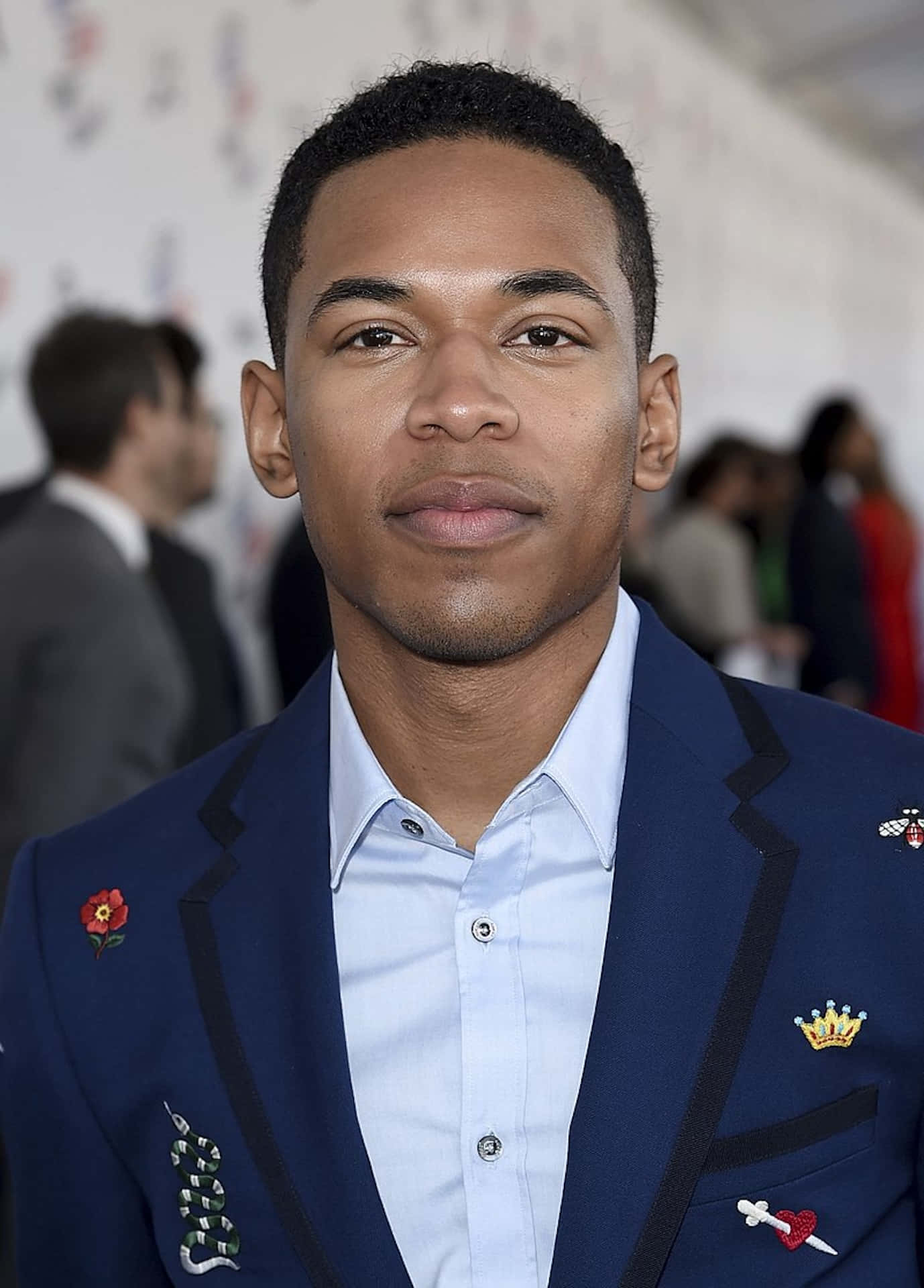 Kelvin Harrison Jr, navy blazer, colorful embroidered pins, Full HD Phone Wallpaper