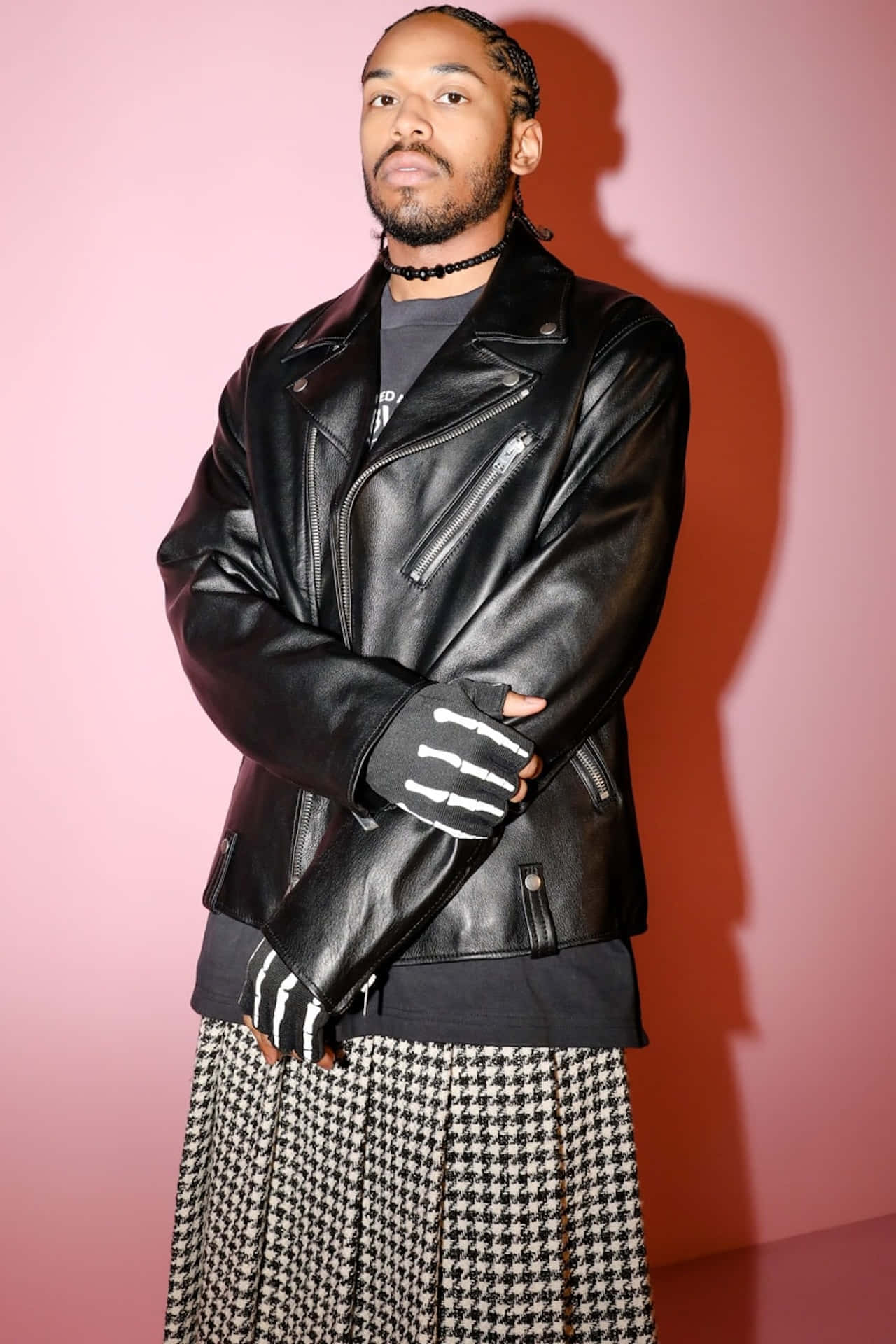 Kelvin Harrison Jr, black leather jacket, houndstooth skirt, Full HD Phone Wallpaper
