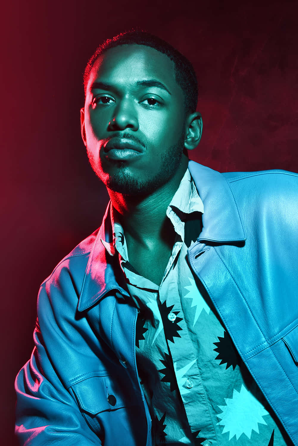 Kelvin Harrison Jr, blue leather jacket, patterned shirt, HD Phone Wallpaper