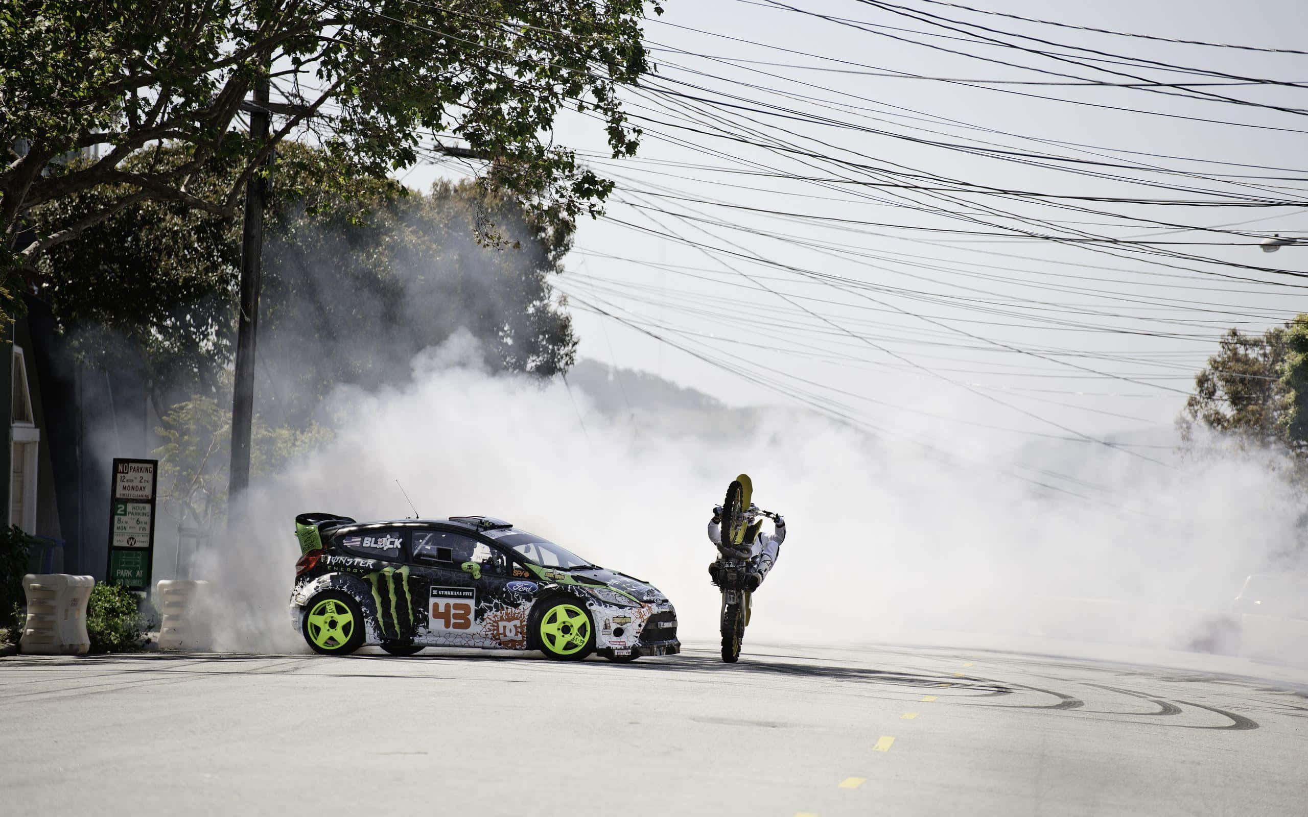 Ken Block, rally car, motorcycle, 2K Desktop Wallpaper