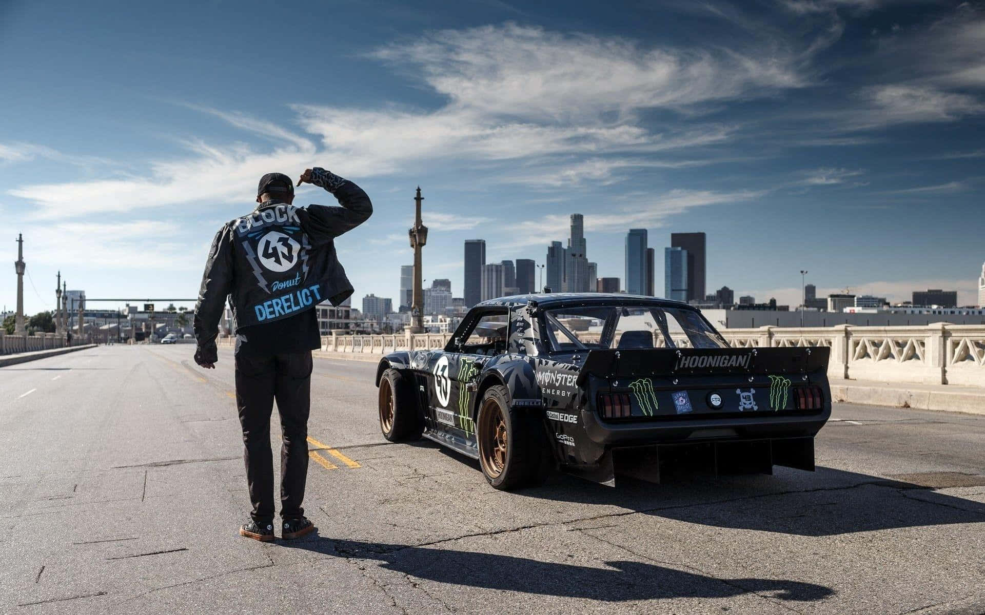 Ken Block, black drift car, bridge, Full HD Desktop Wallpaper