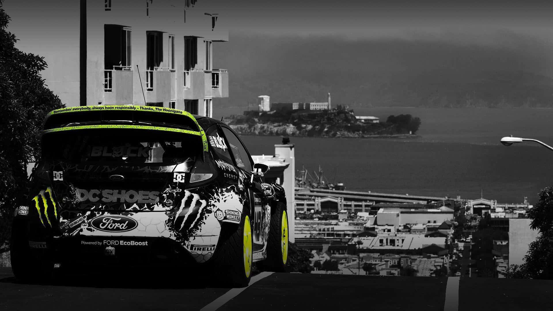 Ken Block, rally car, urban setting, Full HD Desktop Wallpaper