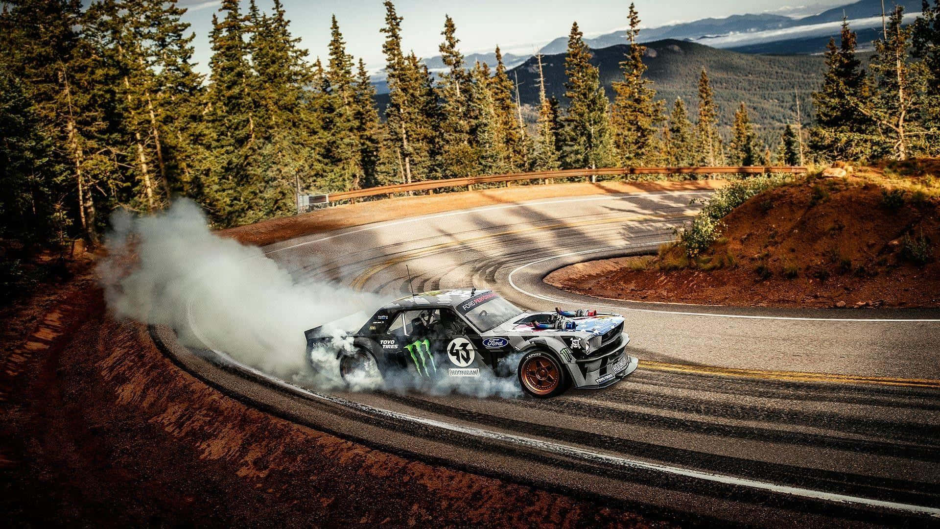 Ken Block, drift race car, mountain forest road, Full HD Desktop Wallpaper