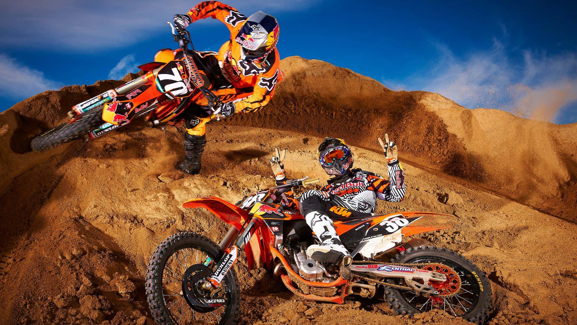 Ken Roczen, vibrant orange gear, rugged dirt hills, Full HD Desktop Wallpaper
