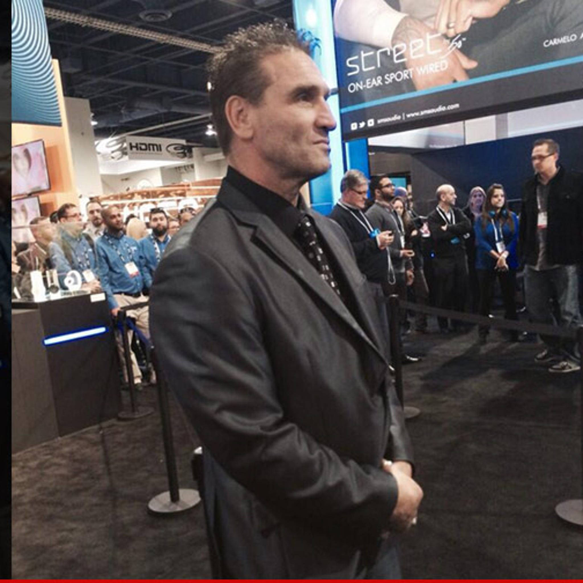 Ken Shamrock, black suit, tech expo booth, Full HD Desktop Wallpaper