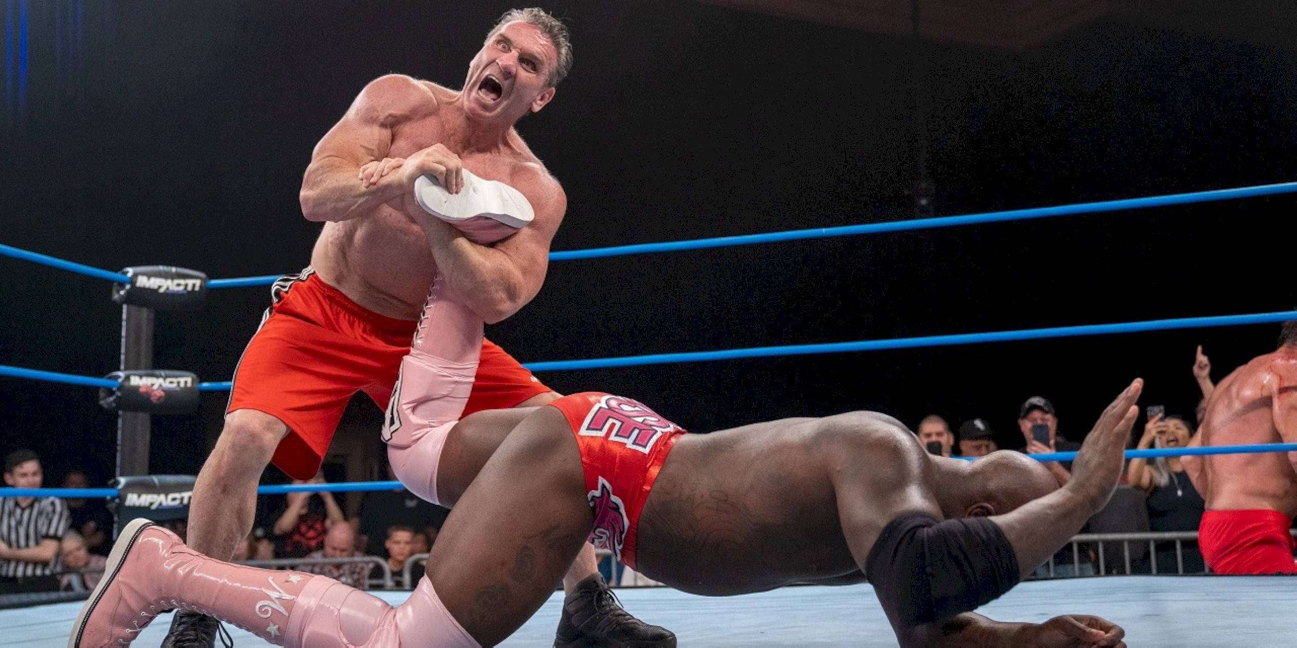Ken Shamrock, twisting moose's leg, blue ropes, Full HD Desktop Wallpaper